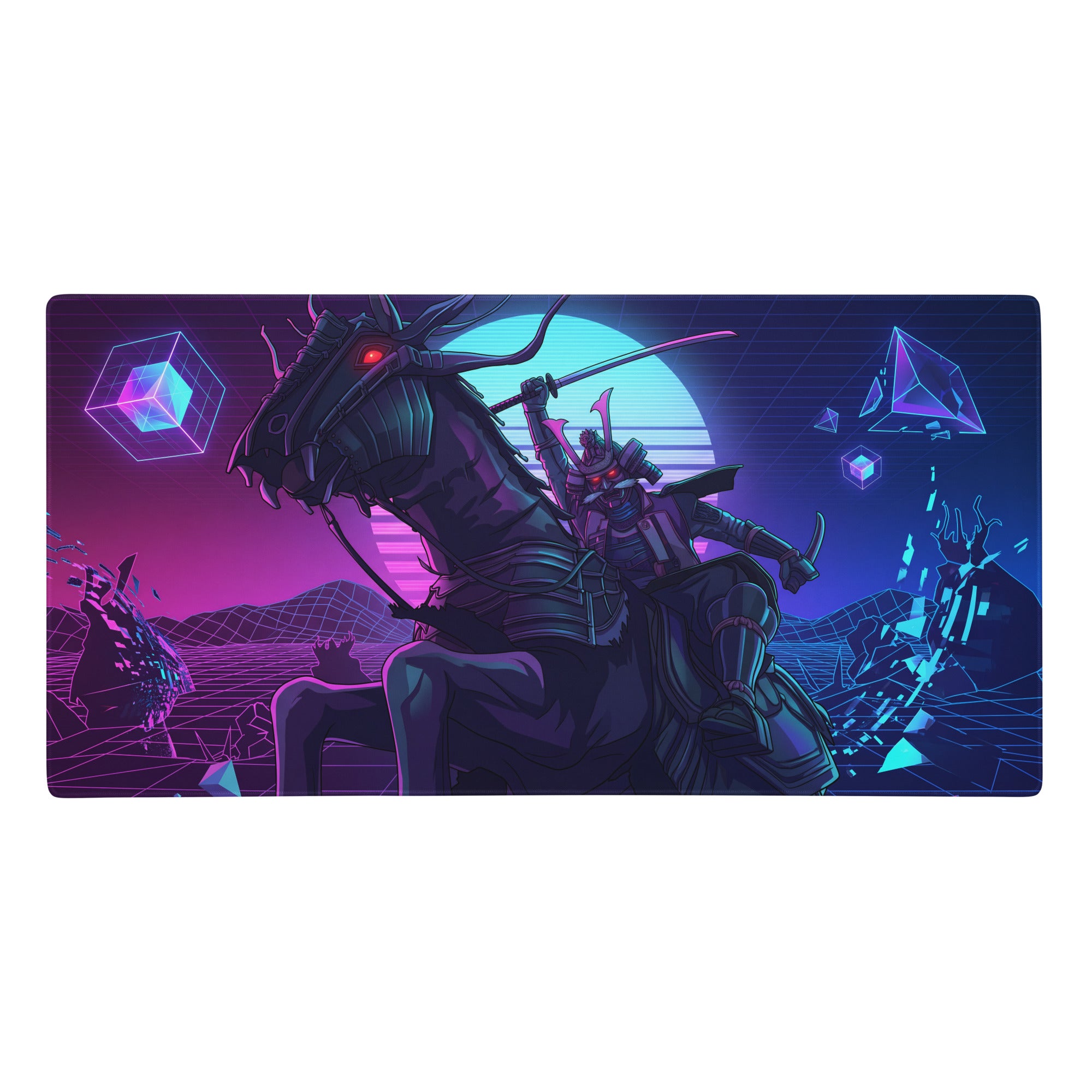 Neon vaporwave dragon gaming mousepad with ninja theme dark cyberpunk design glowing red eyes neon purple-blue shapes