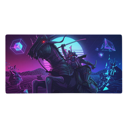 Neon vaporwave dragon gaming mousepad with ninja theme dark cyberpunk design glowing red eyes neon purple-blue shapes