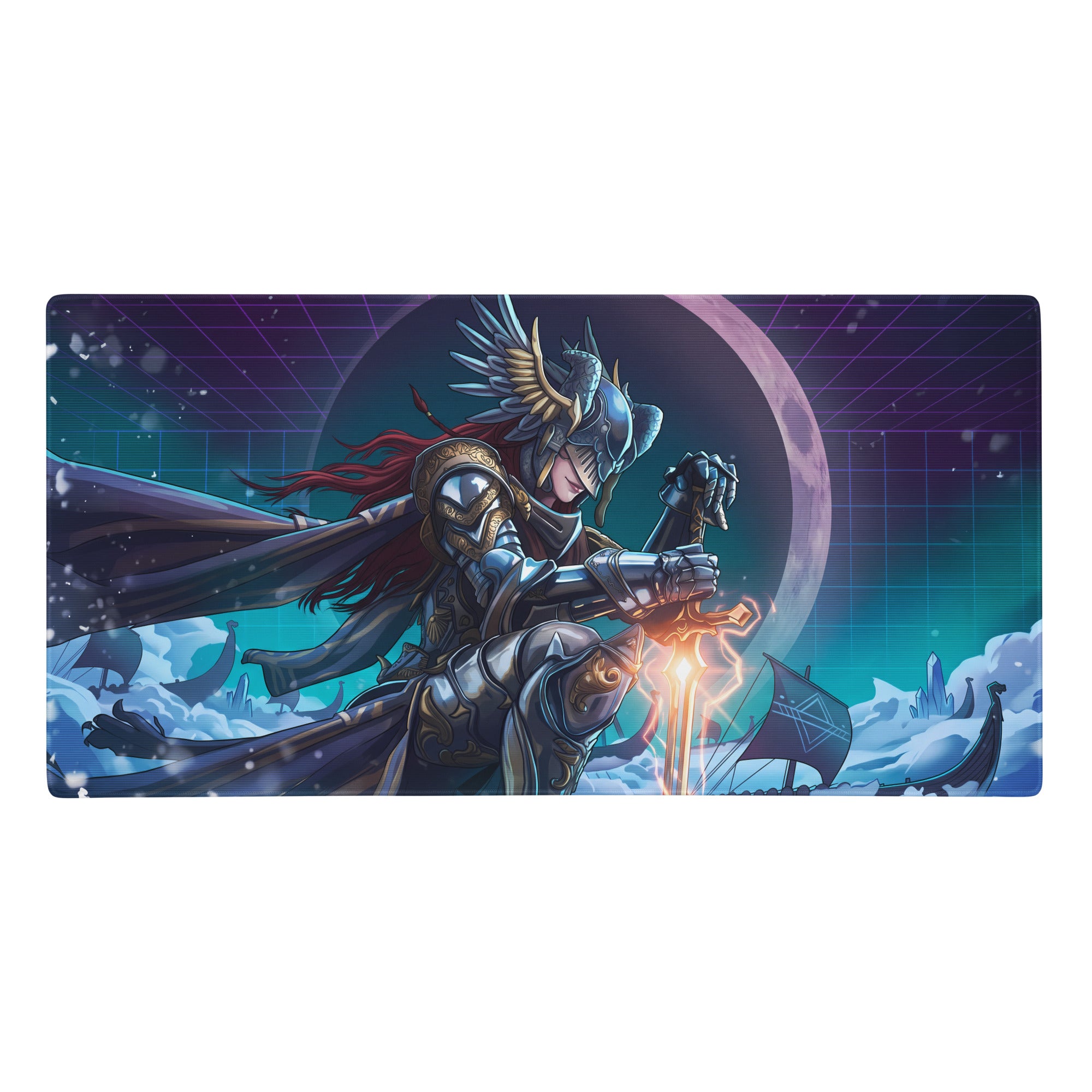 Rectangular vaporwave neon warrior mouse pad with red-haired armored warrior and glowing sword on purple blue icy background