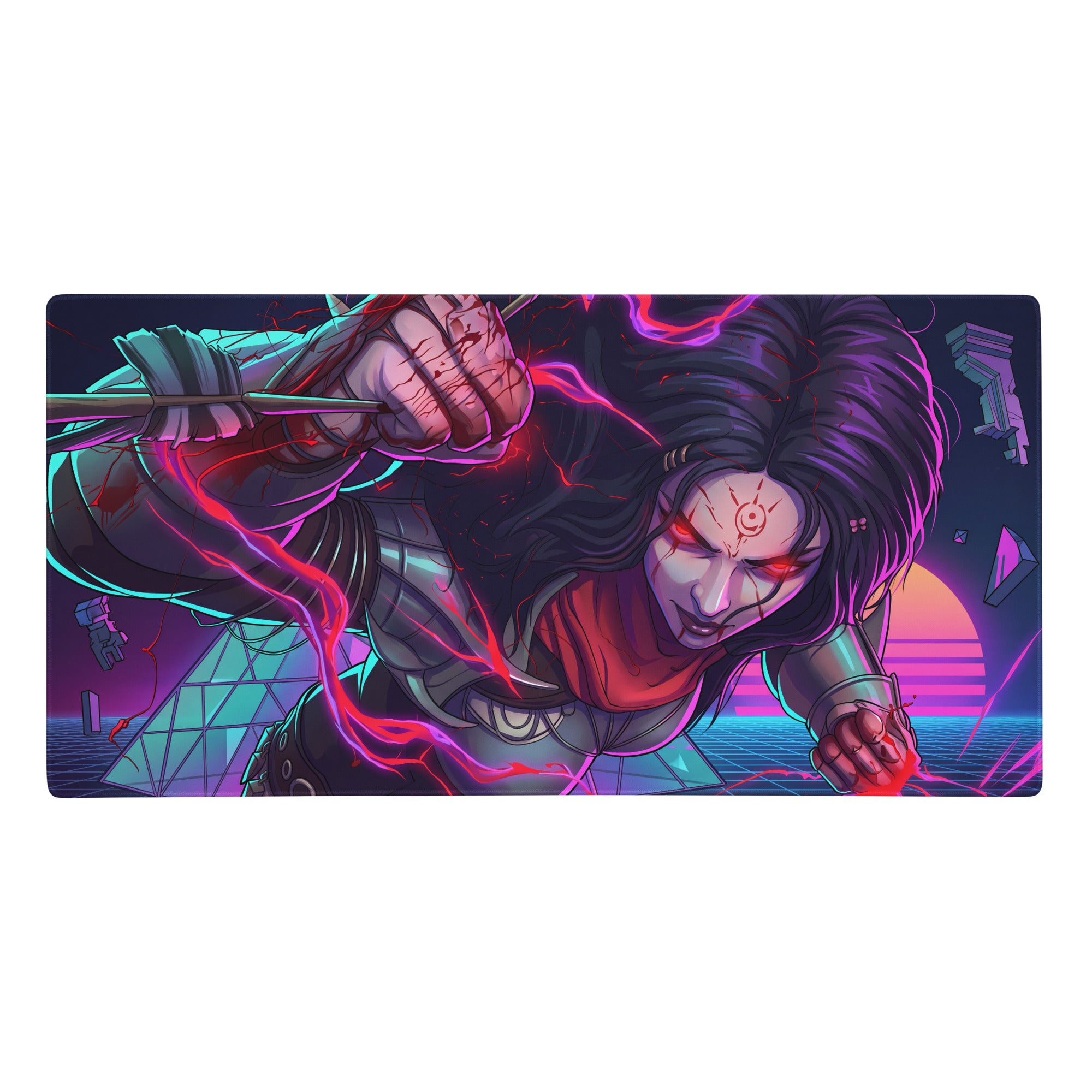 Large neon vaporwave anime mouse pad with ninjago character featuring glowing red eyes on neon pink cyberpunk backdrop
