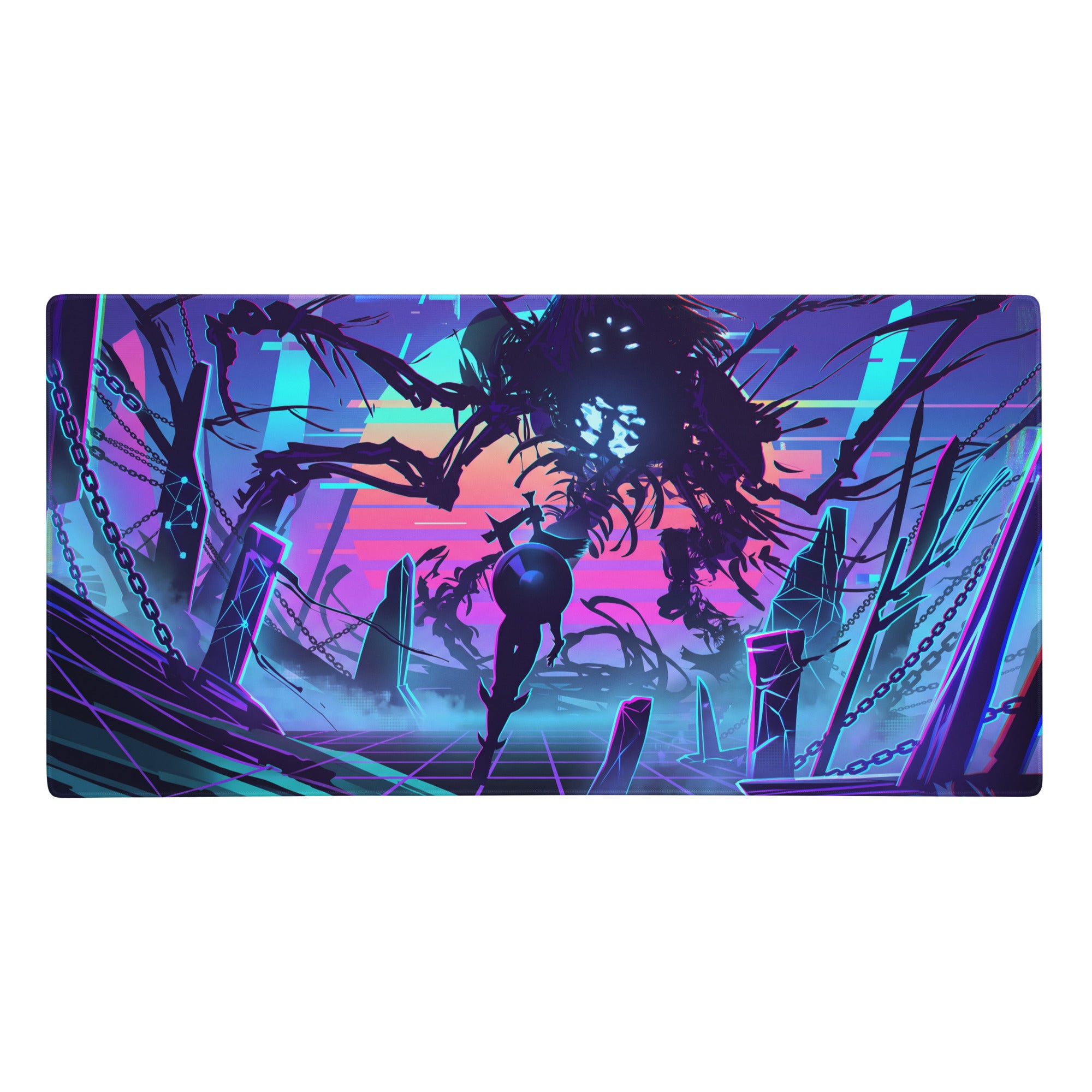 Nineteen-inch rectangular gaming mousepad with vibrant neon purple pink and cyan cyberpunk skeleton digital art design