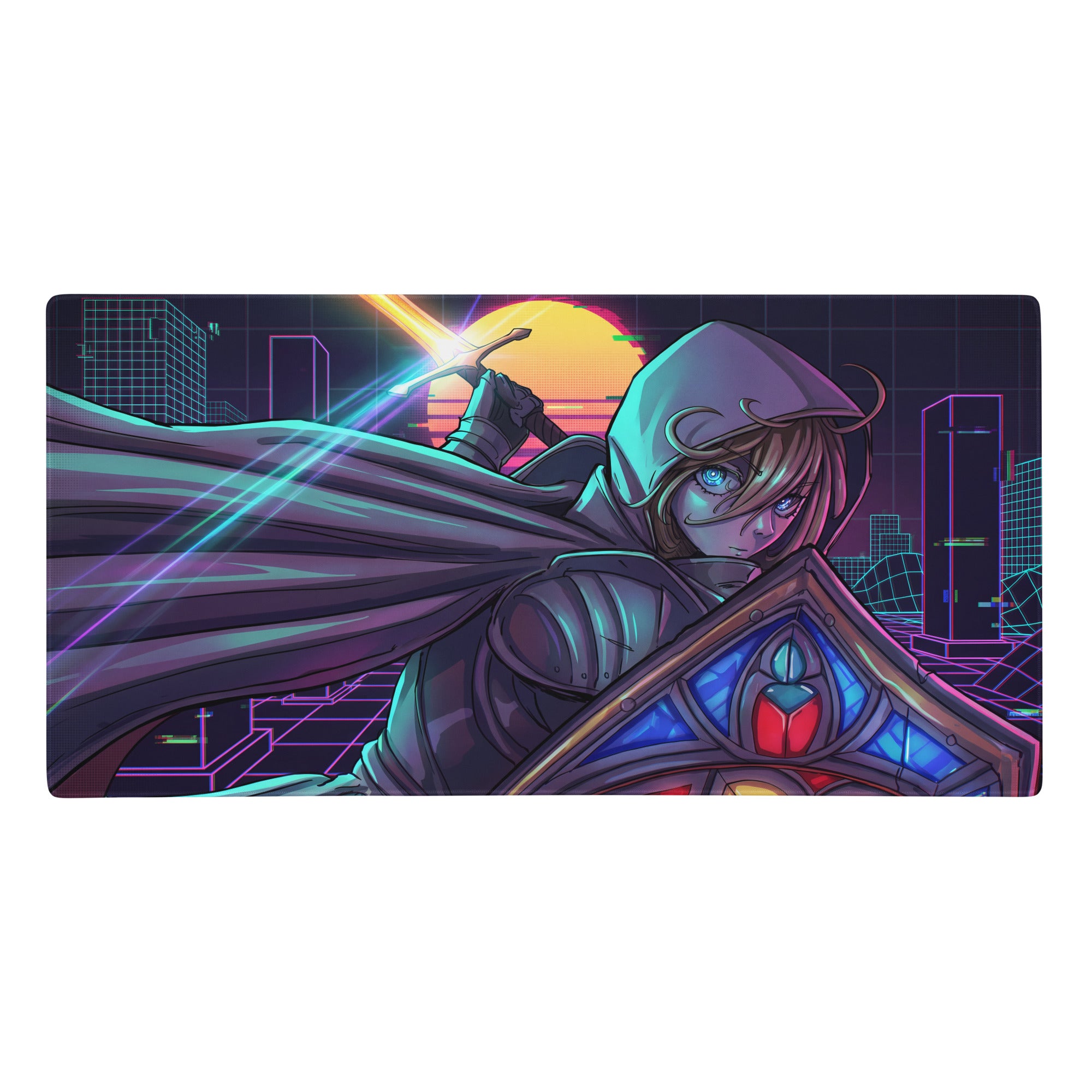 Nineteen-inch vaporwave neon gaming pad featuring dark armored anime character with glowing sword on vibrant cyberpunk cityscape