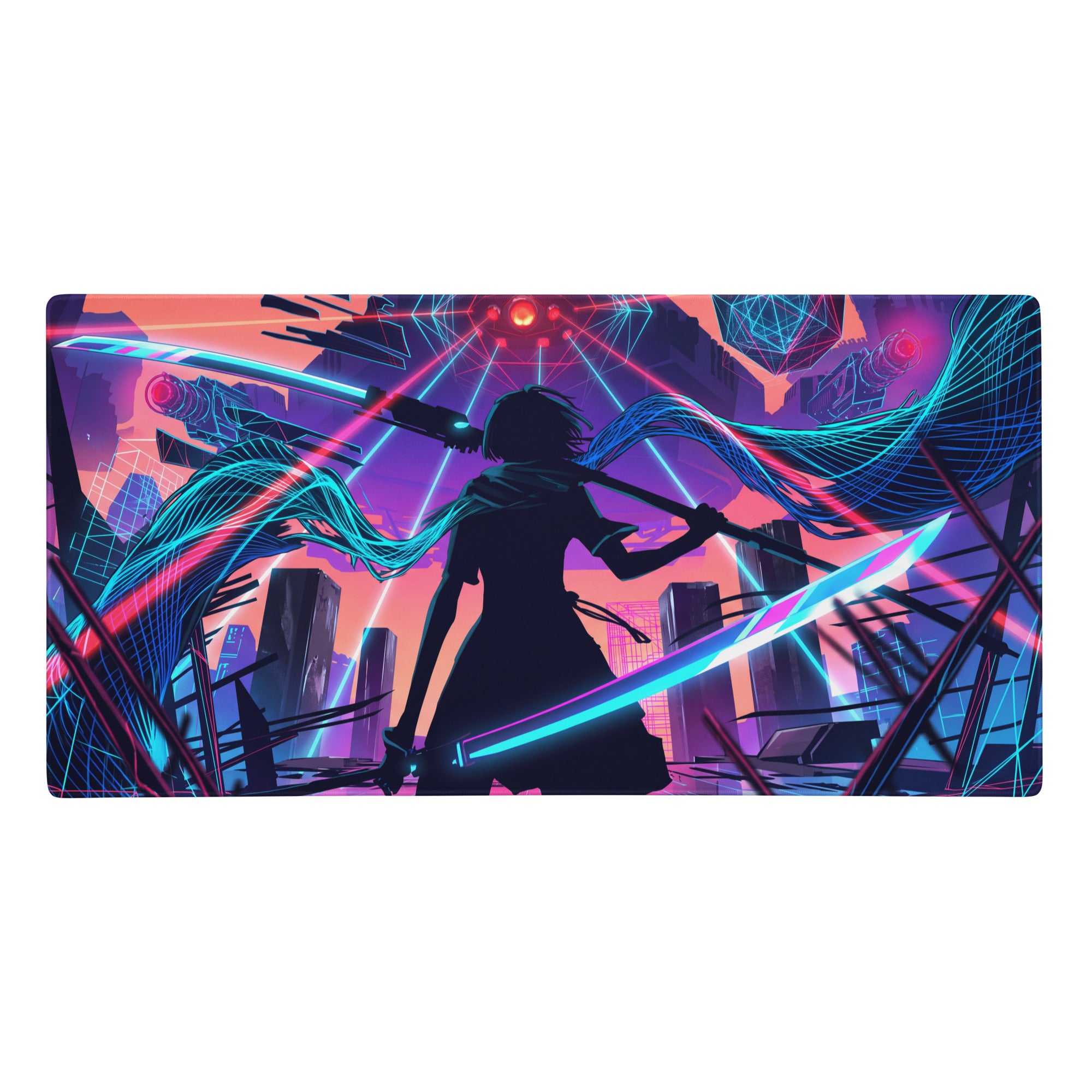 Vaporwave neon city gaming mouse pad with nebula theme and anime warrior silhouette in neon pink blue and purple hues