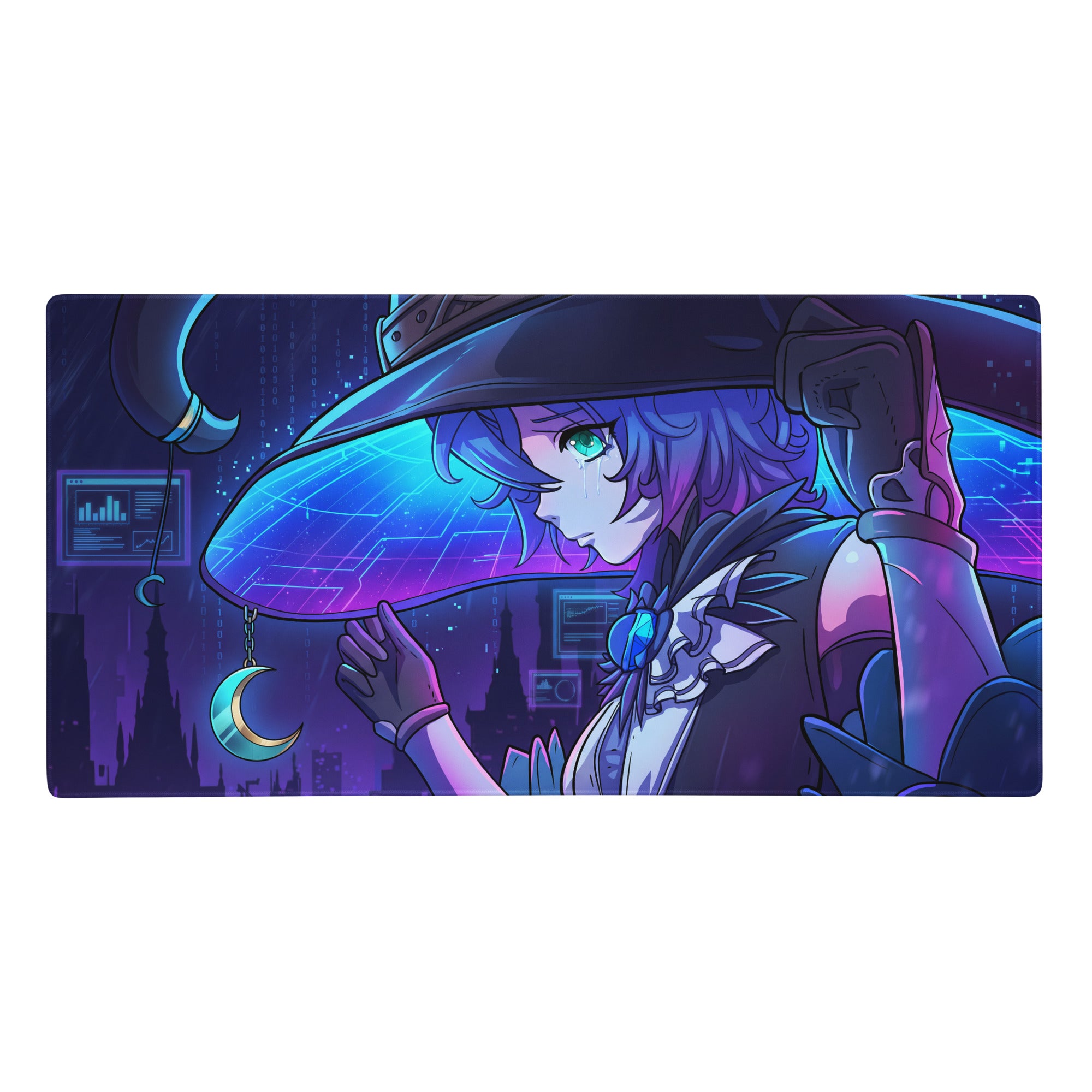 Vaporwave neon anime mouse pad with purple and blue neon witch design green eyes digital cityscape and crescent moons
