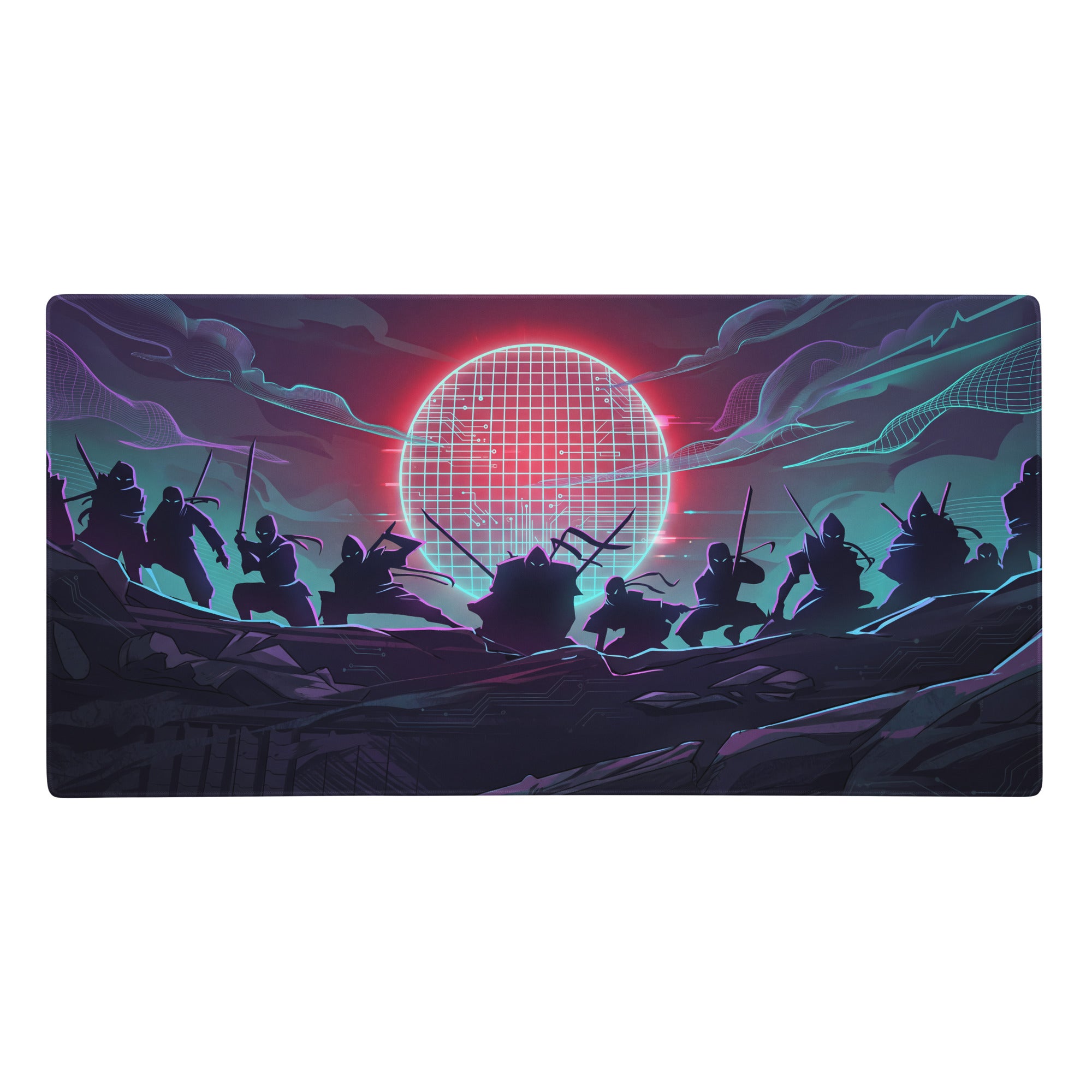 Vaporwave neon sunset mouse pad with ninja theme and glowing red cyan grid sphere backdrop for gaming use