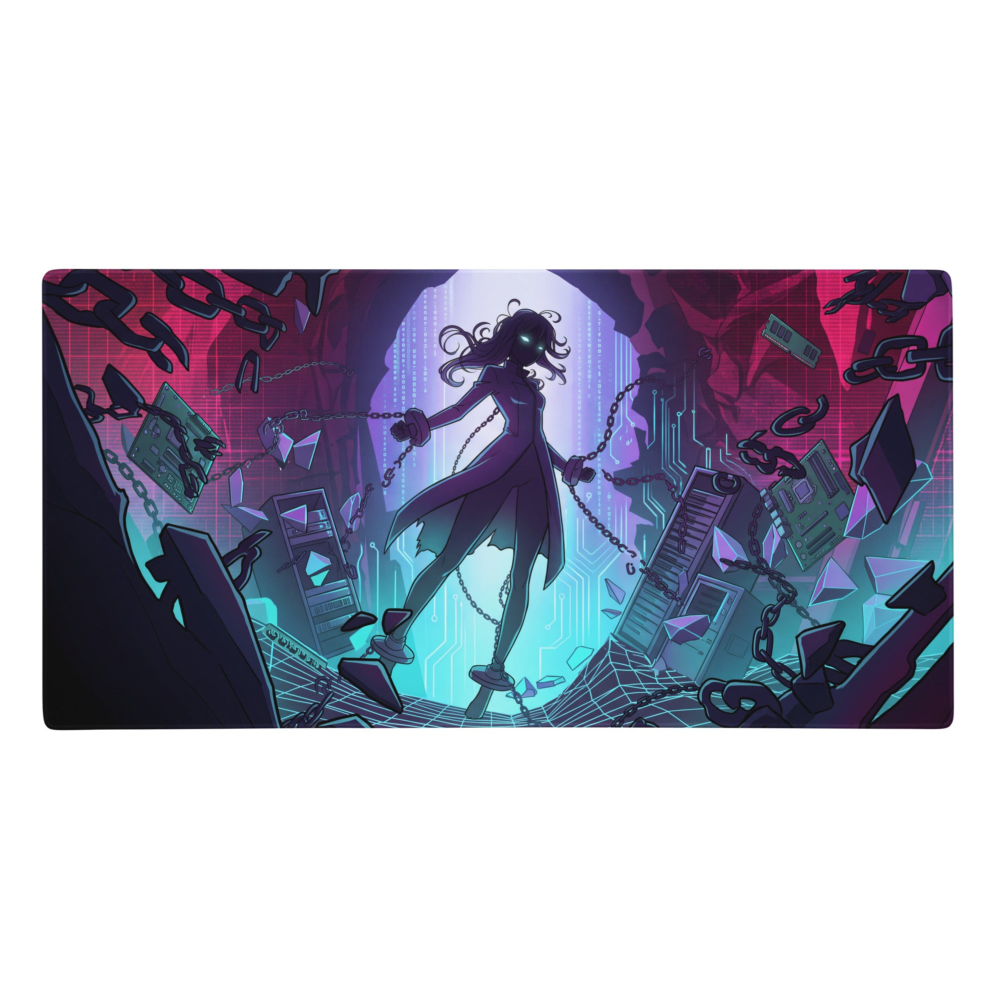 Neon vaporwave gaming mouse pad featuring a purple anime character with shattered circuit boards on a pink teal backdrop