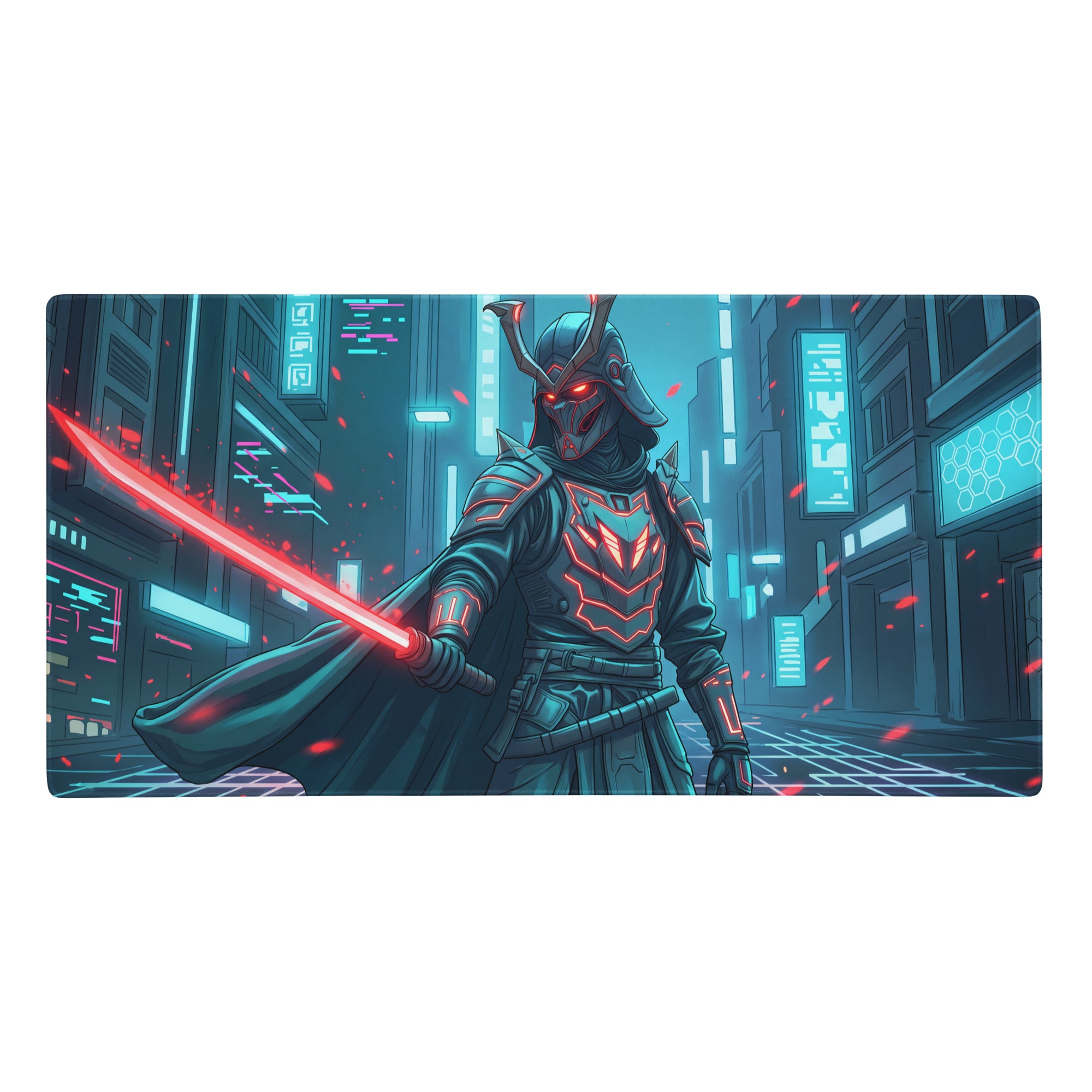 Neon samurai vaporwave mouse pad featuring a dark armored ninja with glowing red eyes and neon-red lightsaber on blue red cyberpunk cityscape