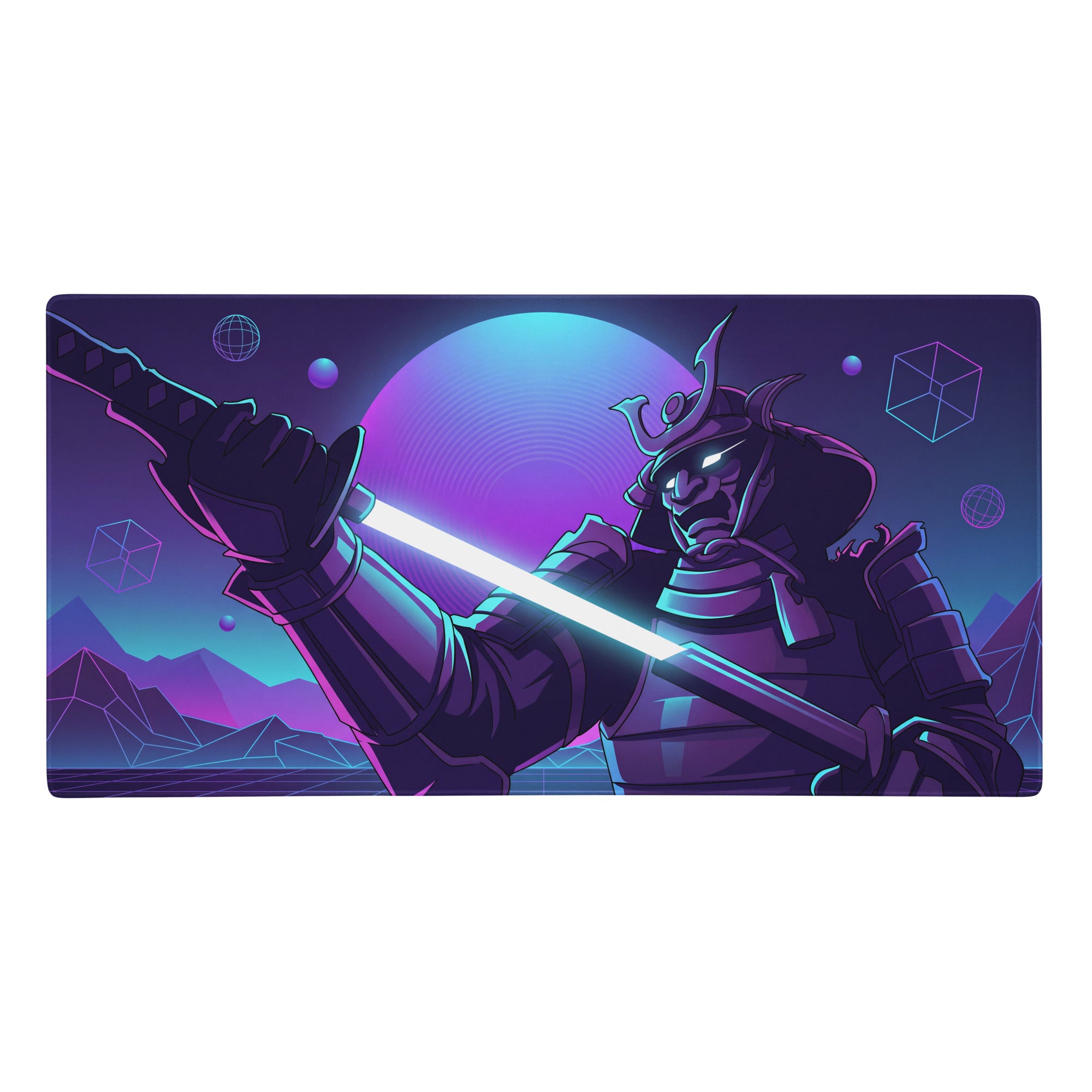 Neon knight vaporwave mouse pad with nebula-themed design featuring samurai in dark armor and purple blue gradient