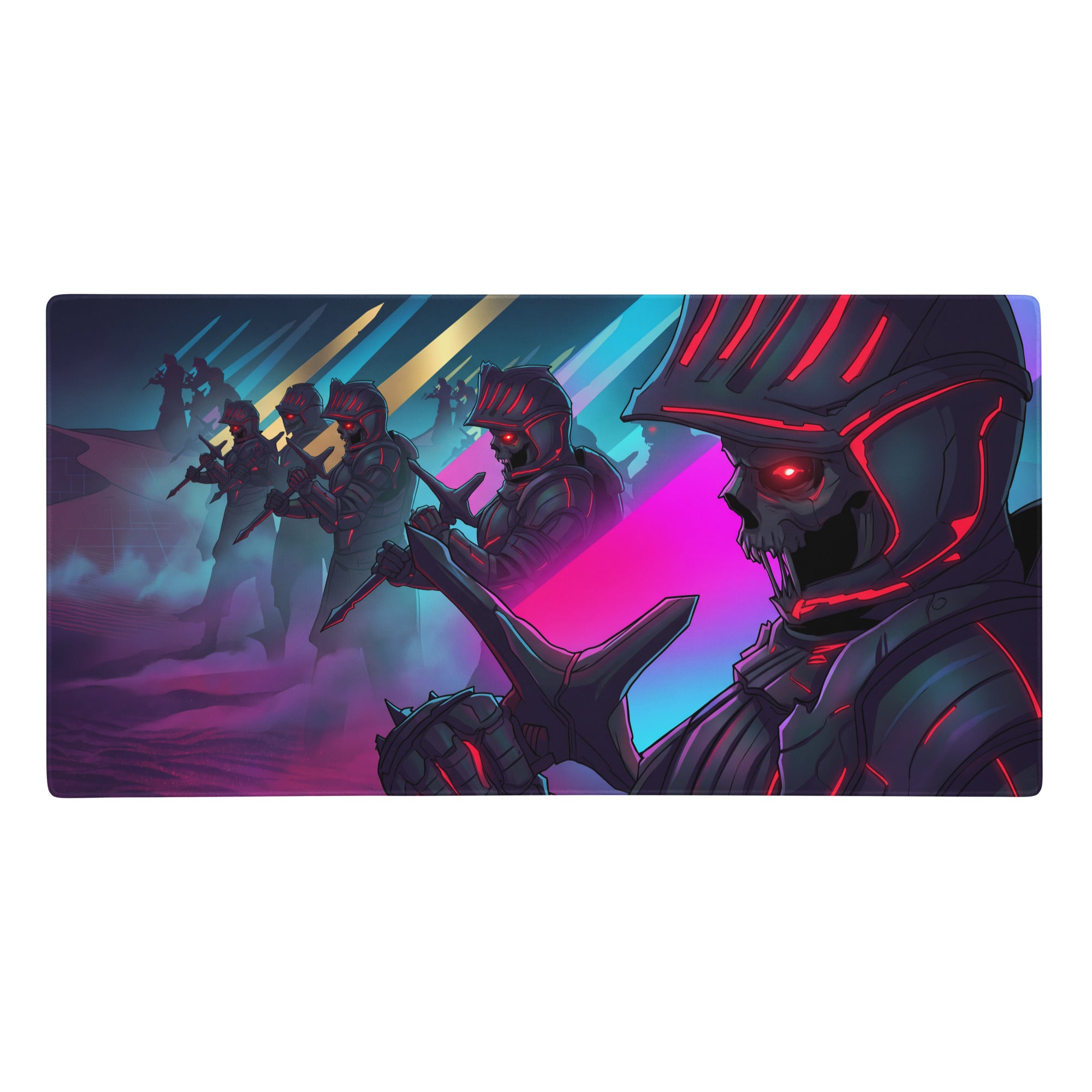 Rectangular gaming mousepad with neon vaporwave digital art of armored skeletal warriors in pink purple blue lighting