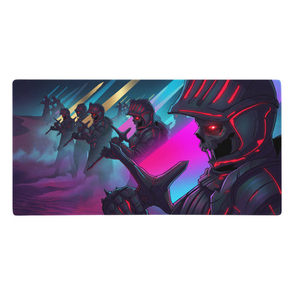 Rectangular gaming mousepad with neon vaporwave digital art of armored skeletal warriors in pink purple blue lighting