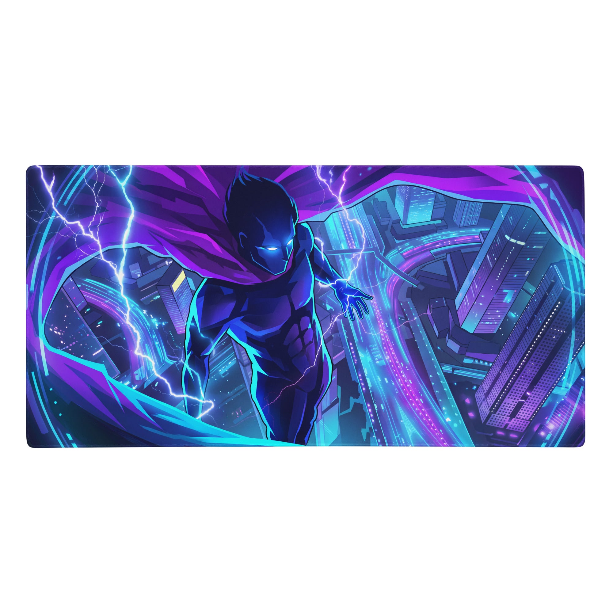 Vibrant neon purple and blue gaming mouse pad featuring a superhero in motion against a futuristic cityscape