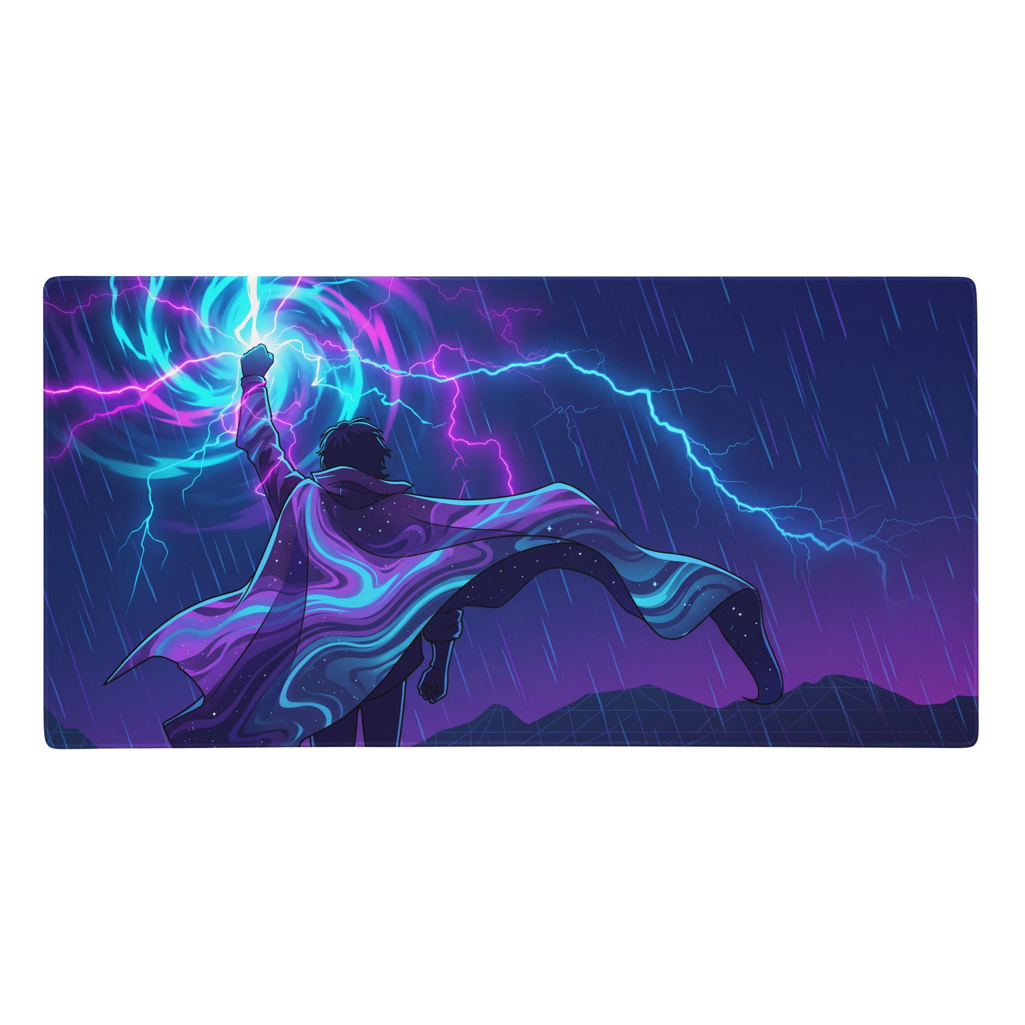 Vaporwave neon desk mat featuring vibrant purple and blue lightning with a superhero on a stormy night sky background