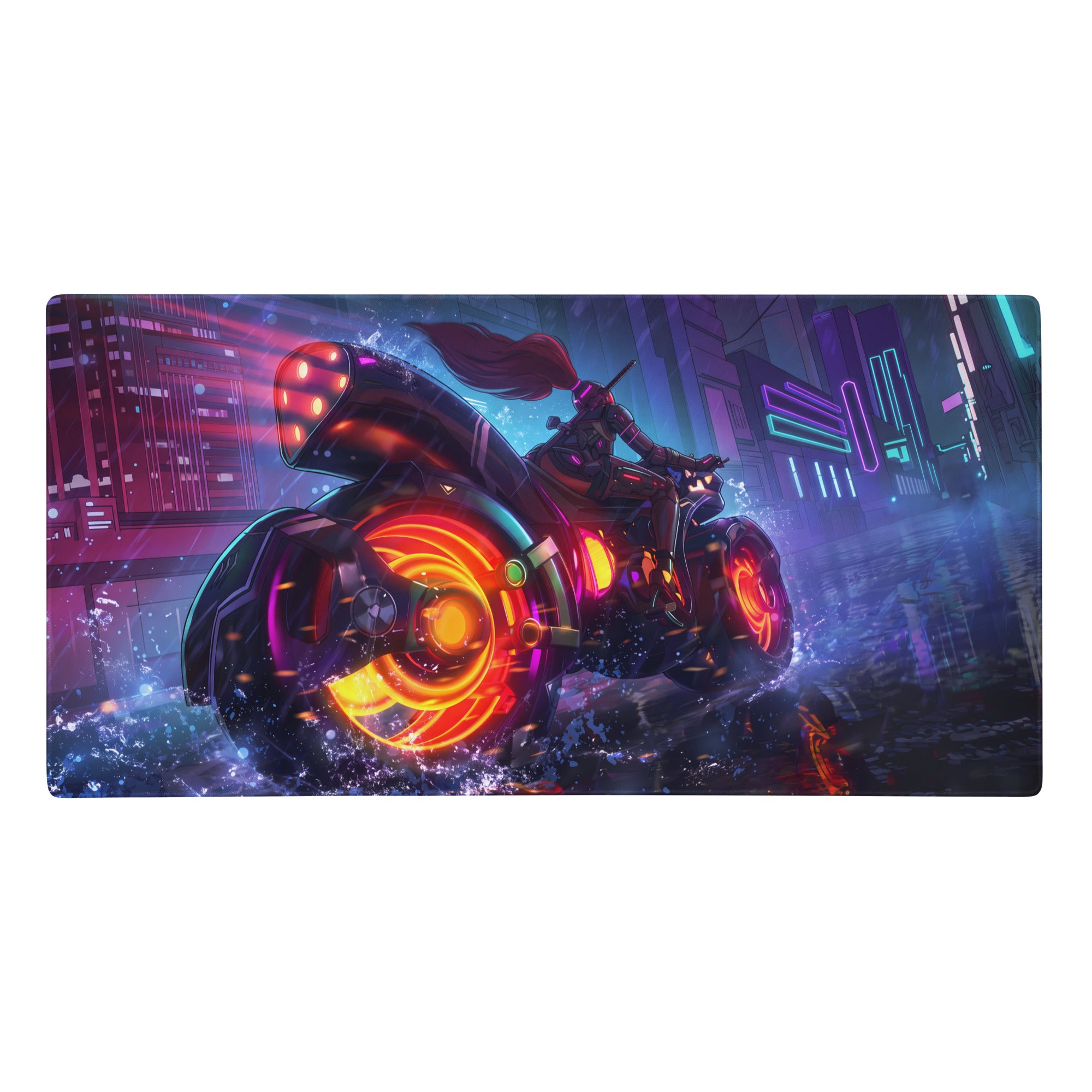Neon vaporwave gaming mouse pad featuring a neon-lit futuristic motorcycle with glowing orange wheels in cyberpunk style