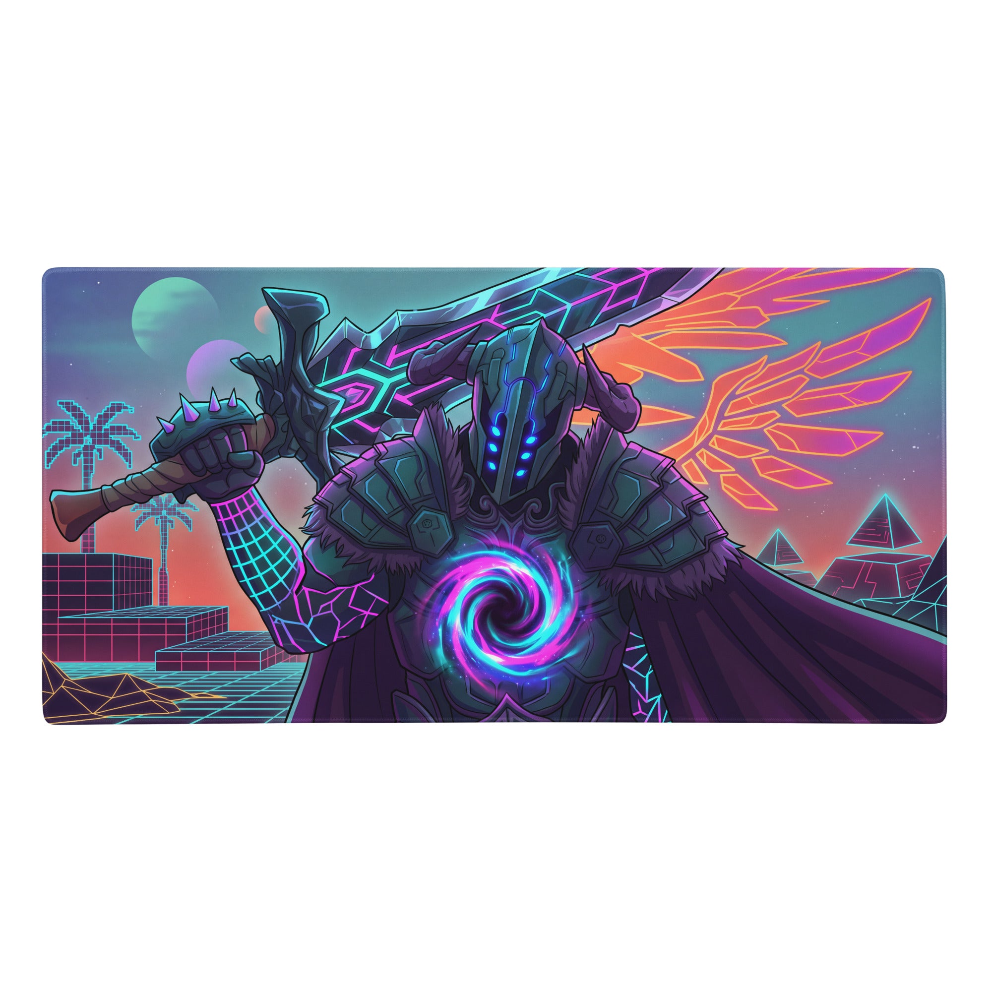 Neon dragon vaporwave mouse pad with nebula-themed armored warrior glowing blue purple neon wings and cosmic vortex center