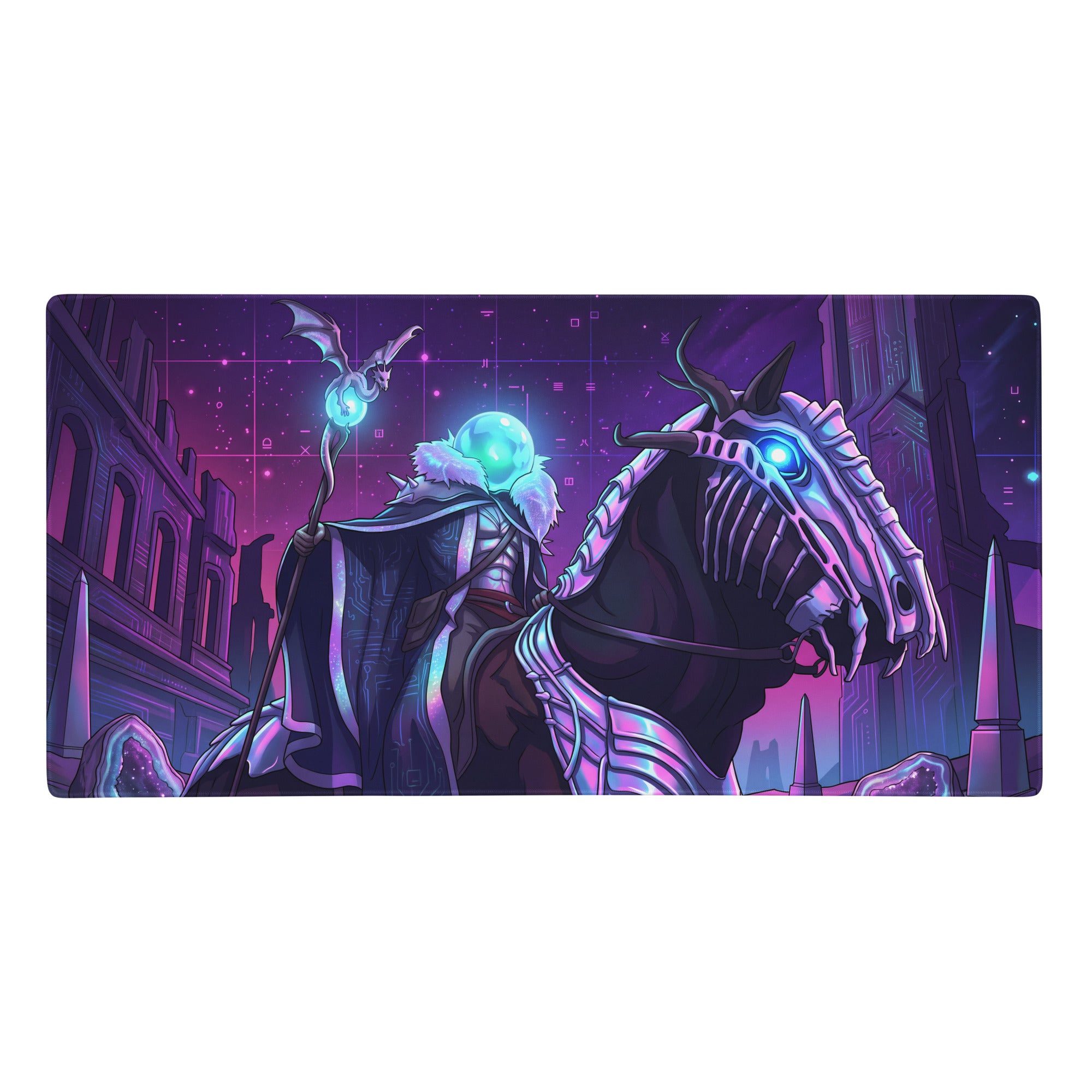 Neon vaporwave dragon mouse pad featuring a purple and blue neon-lit fantasy wizard on a skeletal dragon design