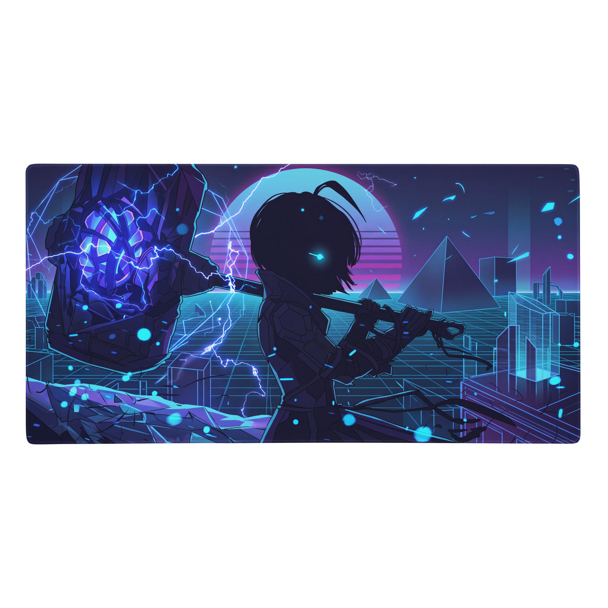 Neon vaporwave large gaming mouse pad with nebula design and anime silhouette in blue and purple neon cyberpunk hues