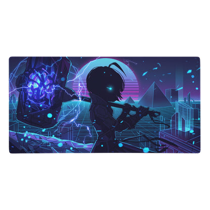 Neon vaporwave large gaming mouse pad with nebula design and anime silhouette in blue and purple neon cyberpunk hues