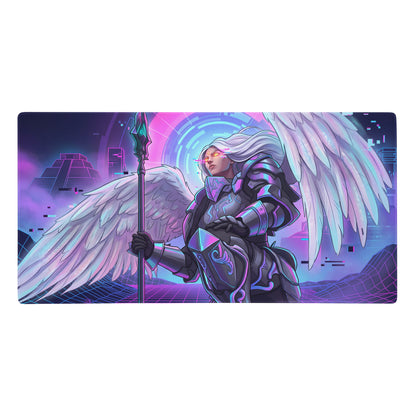 Vaporwave neon winged warrior gaming mat with purple blue angelic futuristic armor and cyberpunk cityscape design