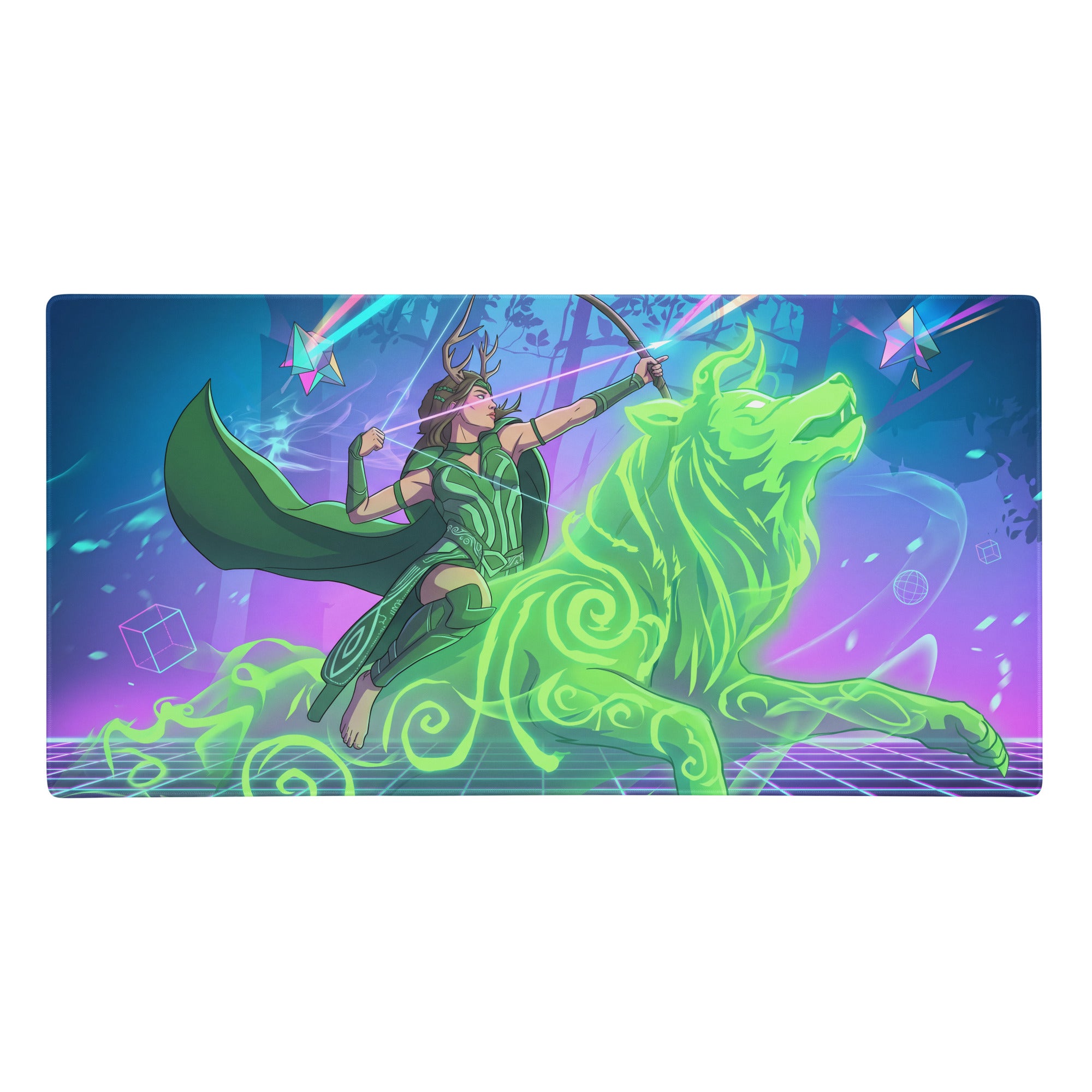 Vaporwave archer gaming pad featuring vibrant neon green and purple digital art with a glowing lion character design