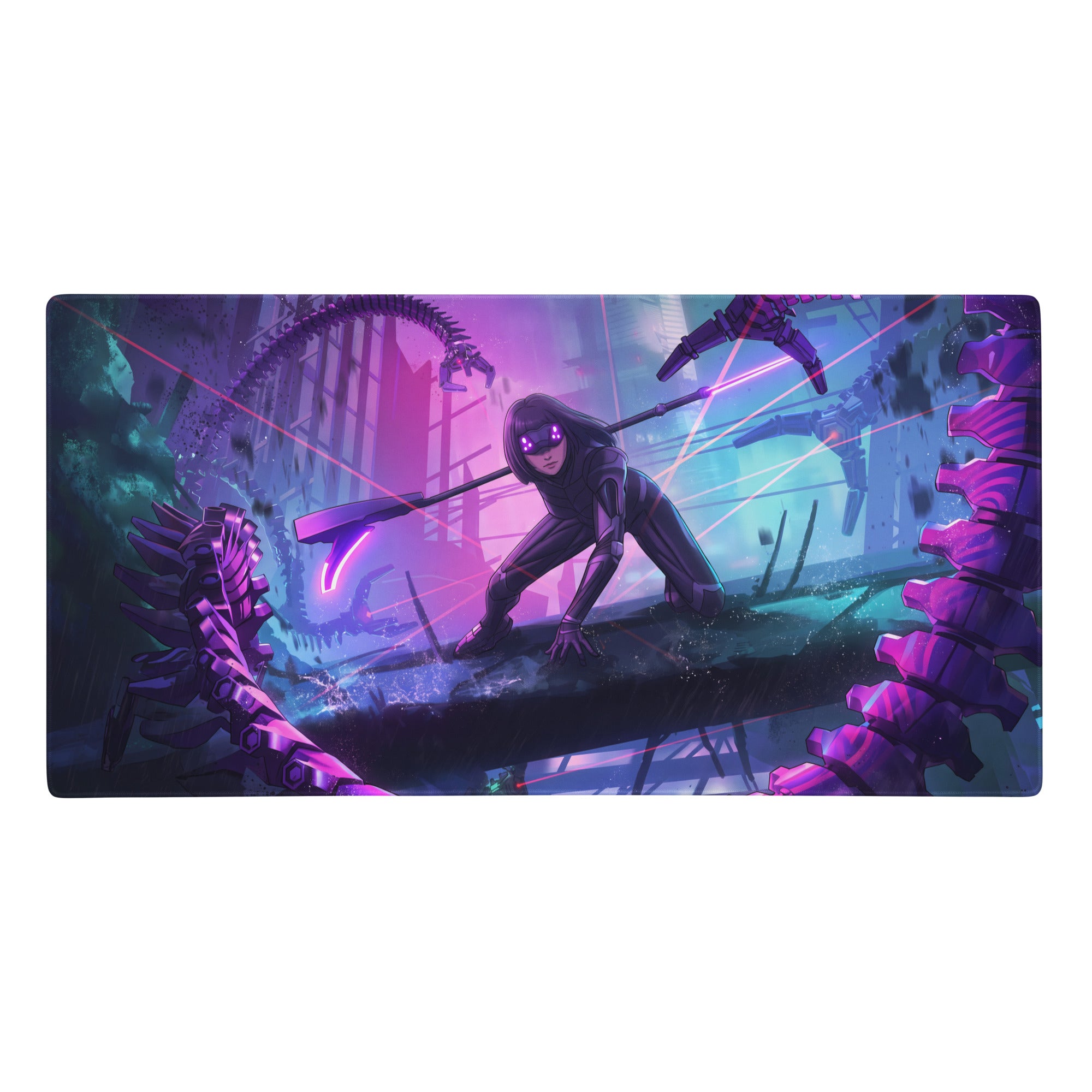 Purple and black vaporwave neon night gaming mouse pad featuring a character in combat with glowing purple tendrils