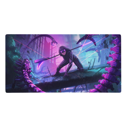 Purple and black vaporwave neon night gaming mouse pad featuring a character in combat with glowing purple tendrils