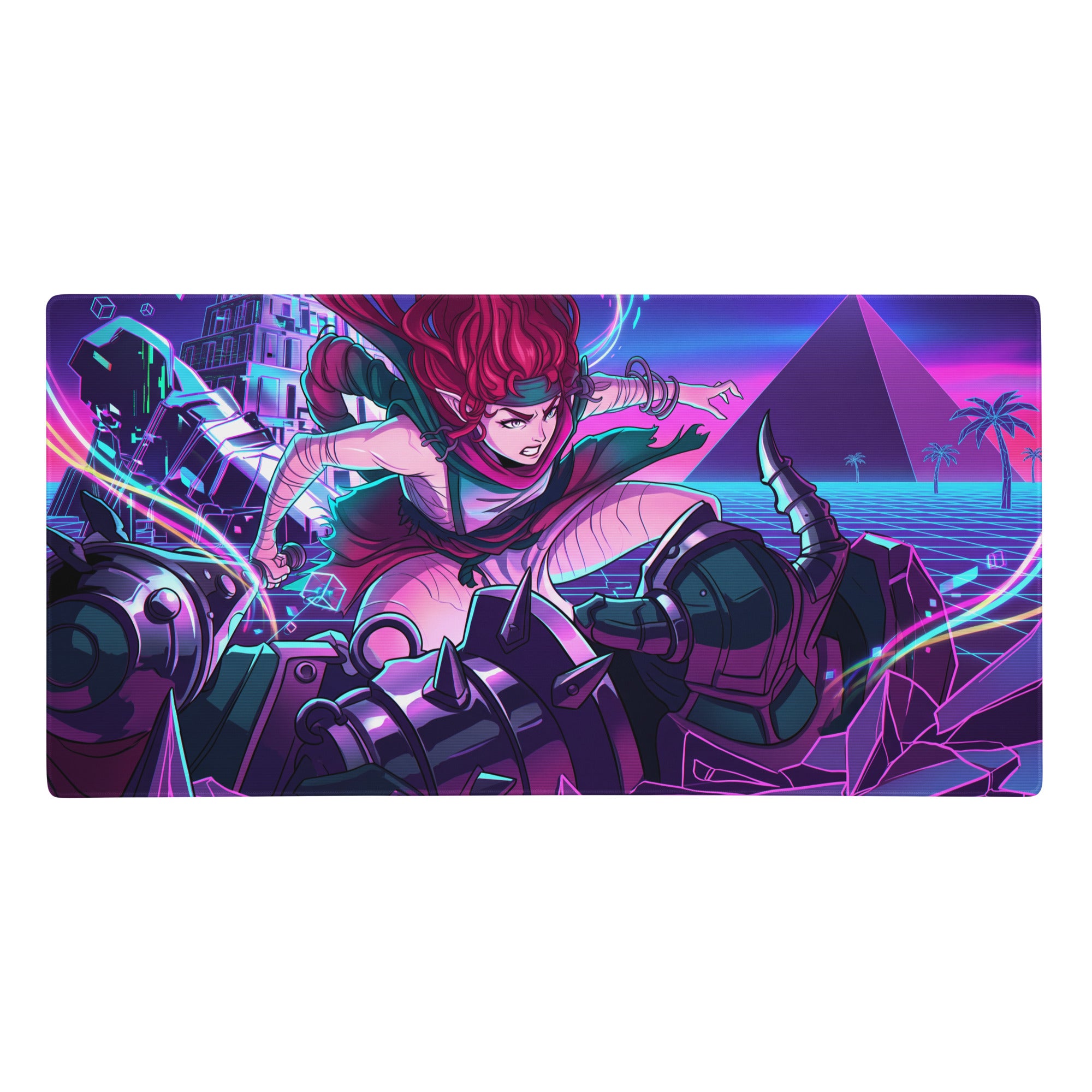 Neon vaporwave gaming mouse pad with nebula design featuring vibrant red-haired anime warrior and neon cityscape backdrop
