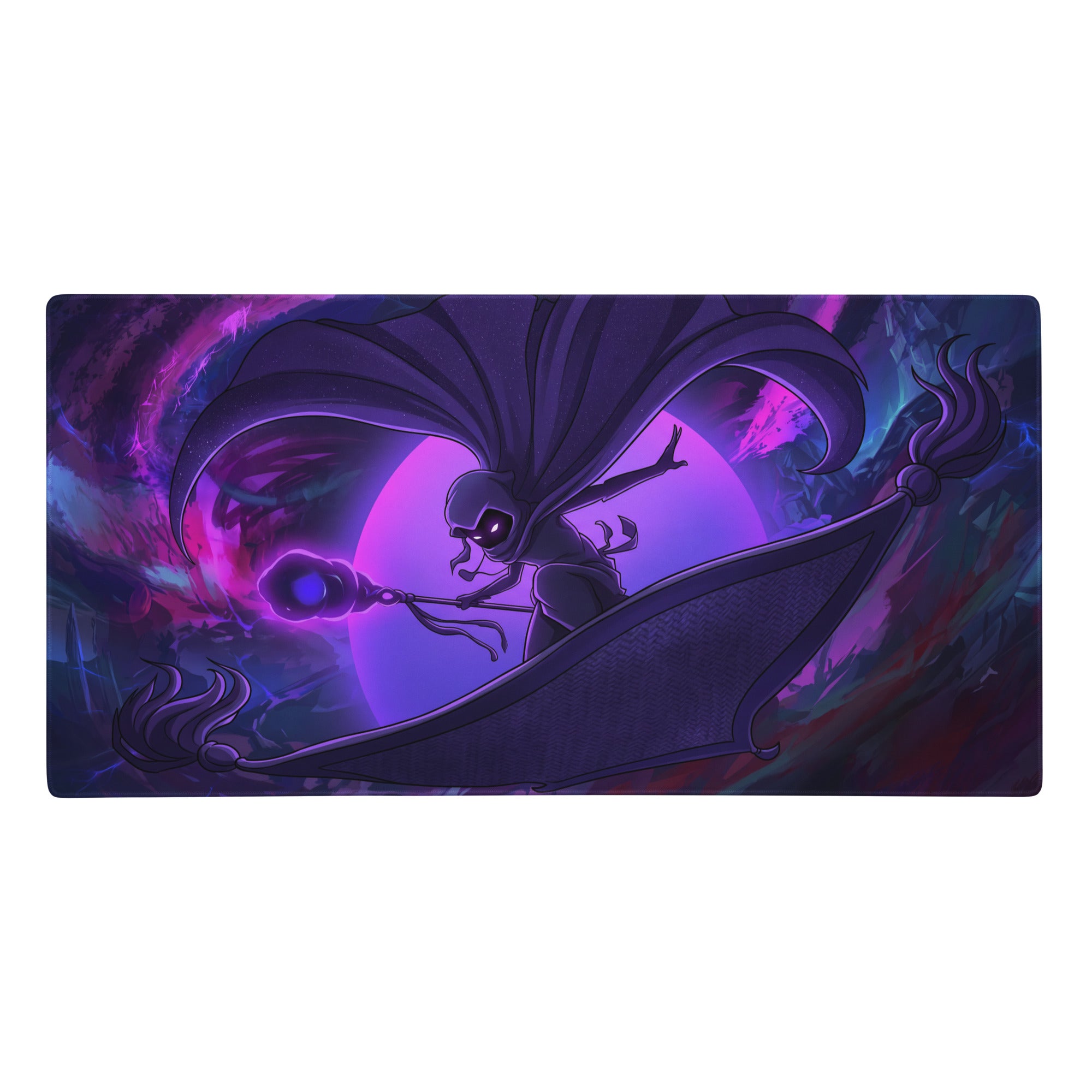 Purple and black vaporwave neon anime mouse pad with a stylized winged character holding a glowing staff on a cosmic background