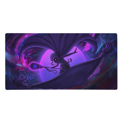 Purple and black vaporwave neon anime mouse pad with a stylized winged character holding a glowing staff on a cosmic background