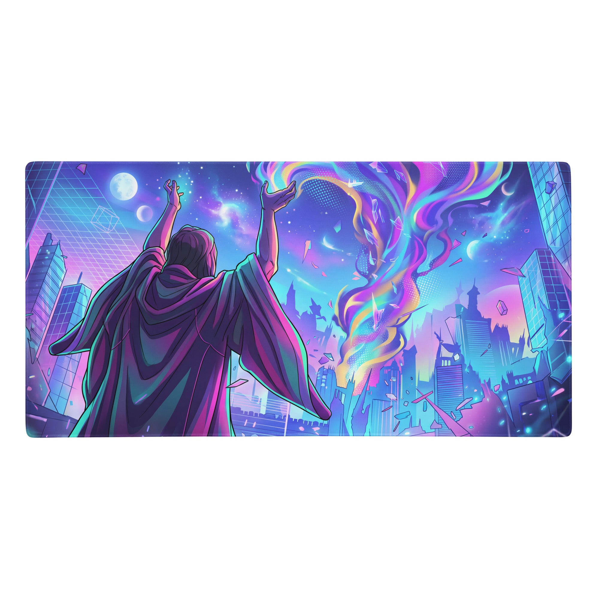 Neon vaporwave gaming mouse pad with vibrant purple blue and rainbow cosmic design featuring figure in flowing robes reaching energy