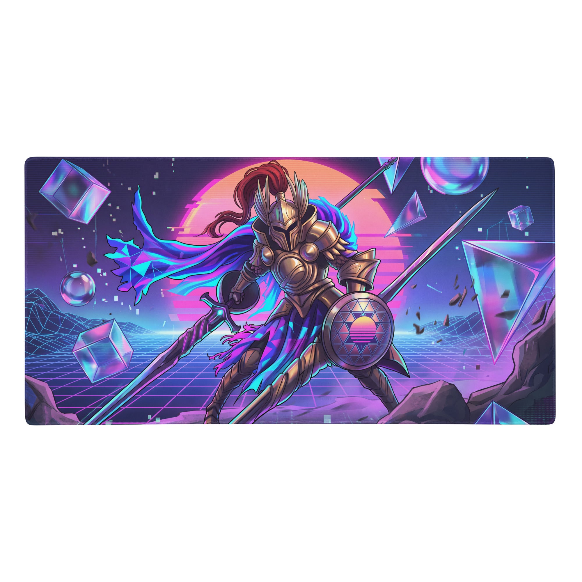 Nebula-themed vaporwave knight mouse pad featuring golden armored knight with purple and blue cape on neon geometric backdrop