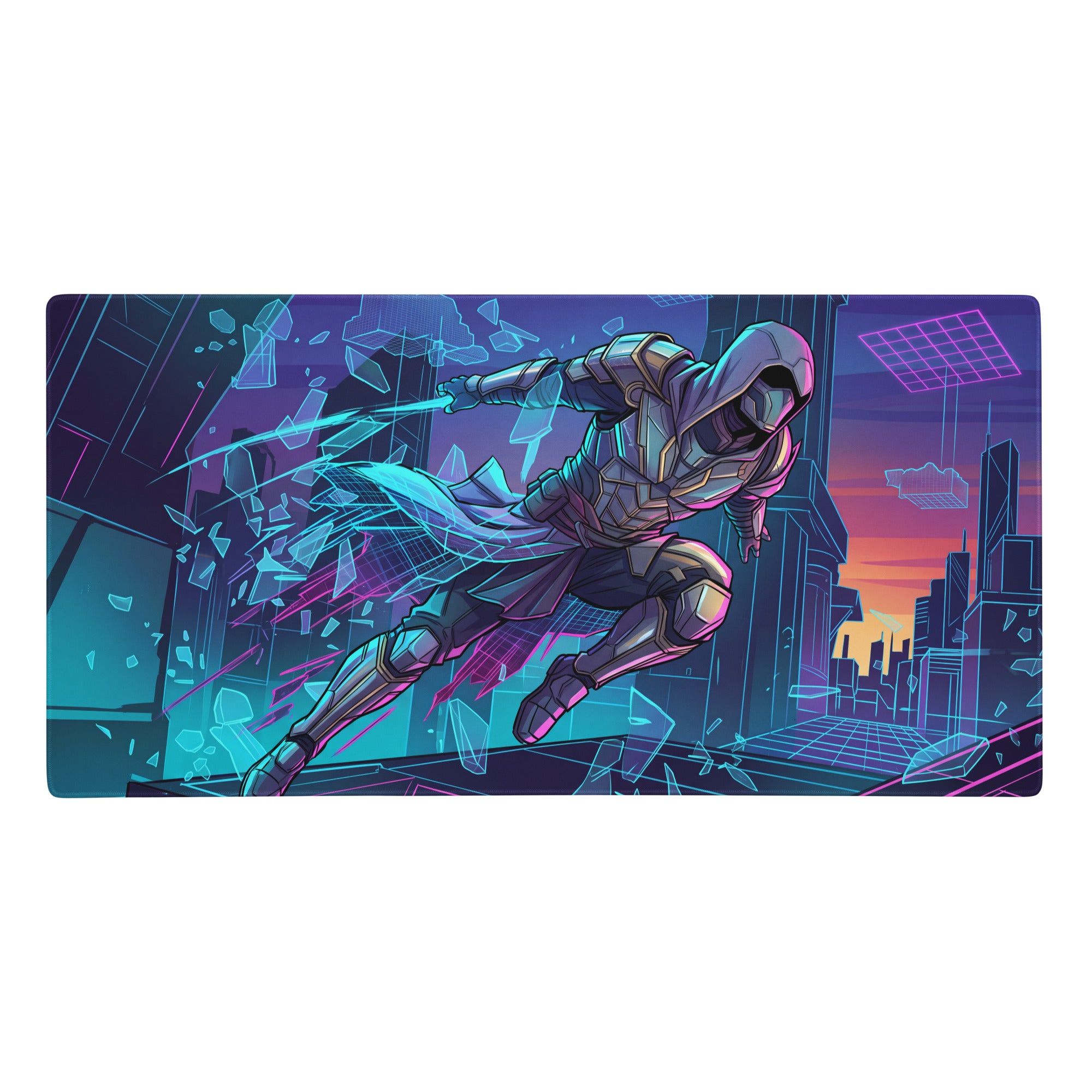 Neon vaporwave gamer pad featuring a ninja-themed gaming mat with vibrant neon cyberpunk cityscape and glowing purple accents