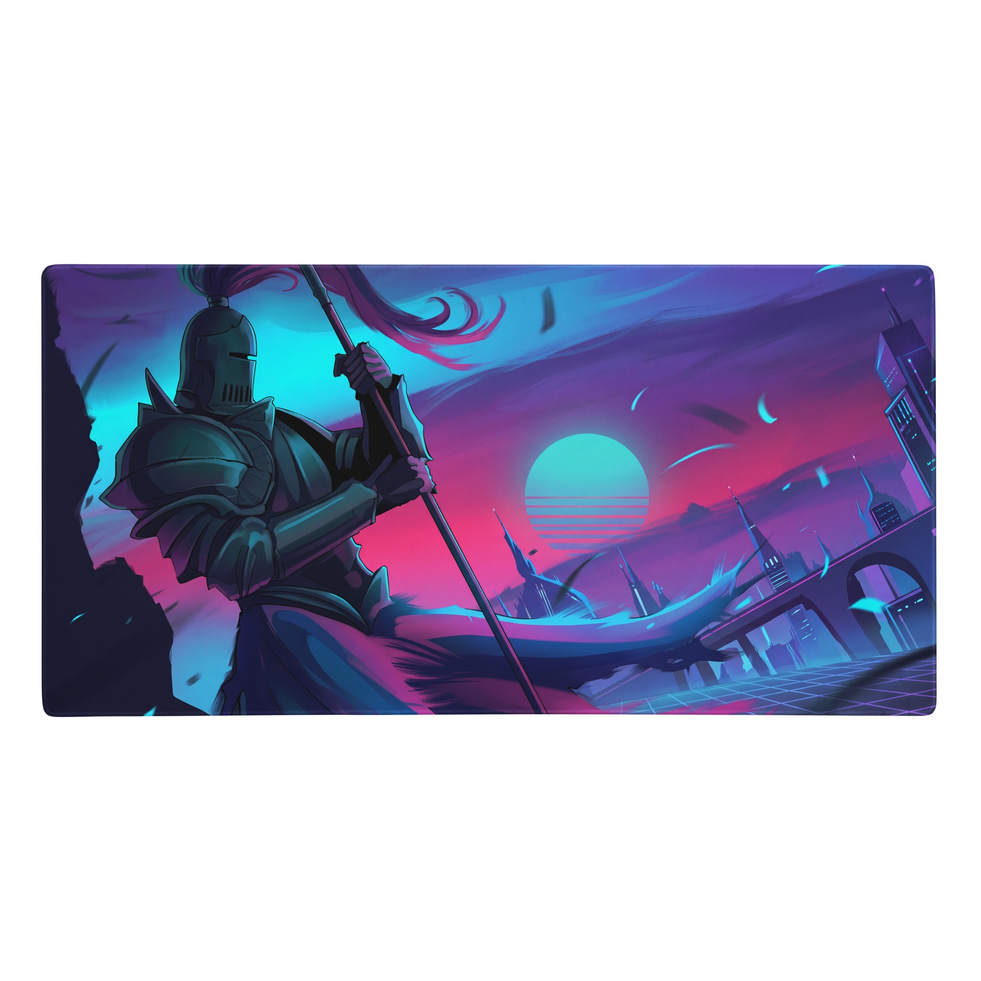 Nineteen-inch rectangular gaming mousepad with neon purple and blue knight digital art for vaporwave gaming desks