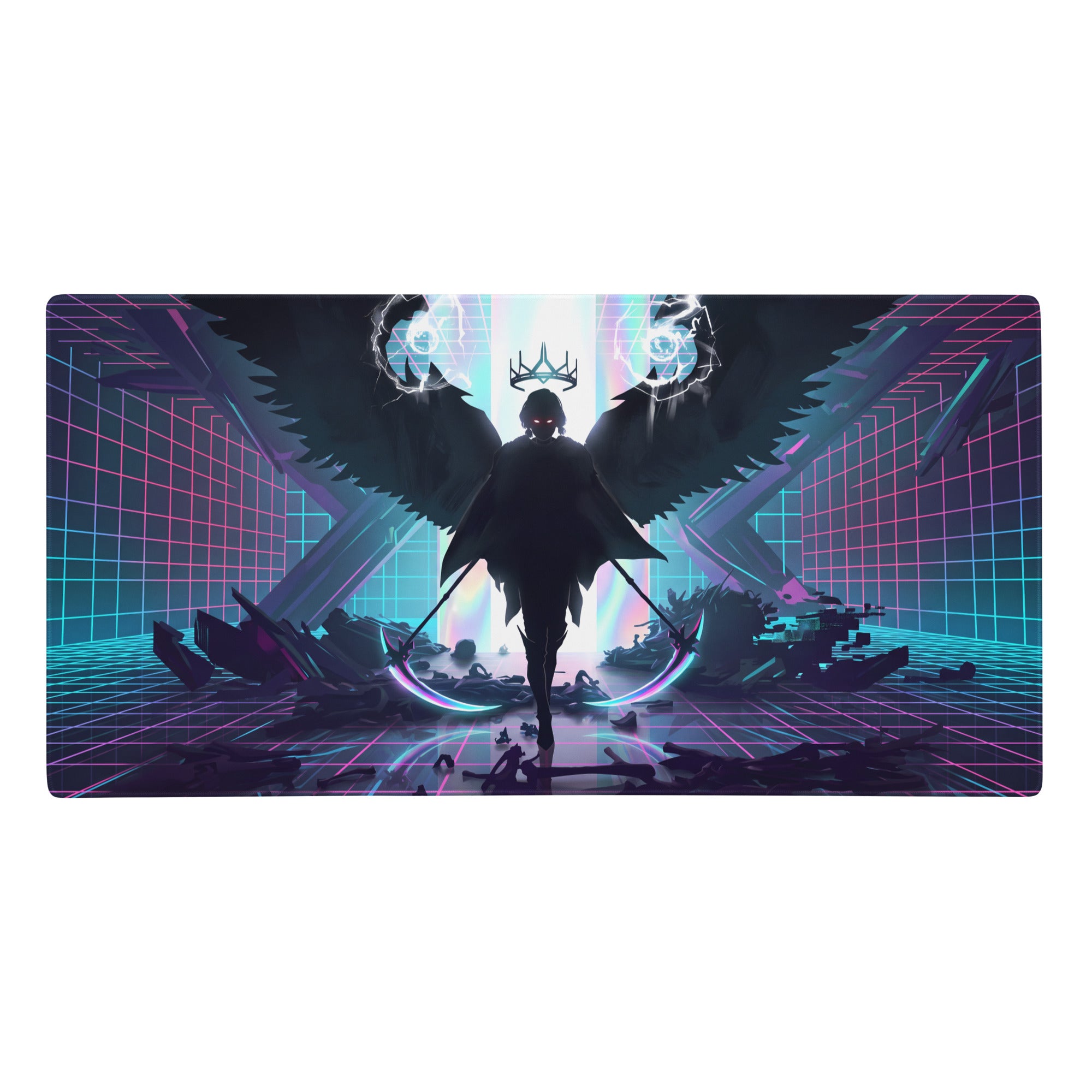 Narrow rectangular neon vaporwave winged pad featuring a dark angel silhouette with glowing wings on a pink purple grid background