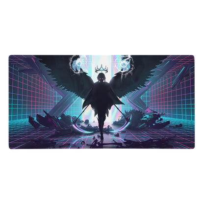 Narrow rectangular neon vaporwave winged pad featuring a dark angel silhouette with glowing wings on a pink purple grid background