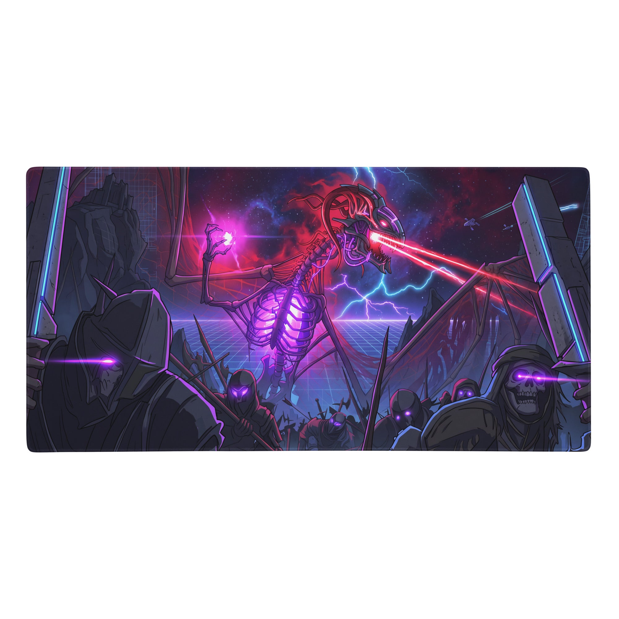 Nebula-themed neon vaporwave skeleton battle pad gaming mouse pad with glowing purple red alien and futuristic warriors design