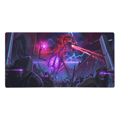 Nebula-themed neon vaporwave skeleton battle pad gaming mouse pad with glowing purple red alien and futuristic warriors design