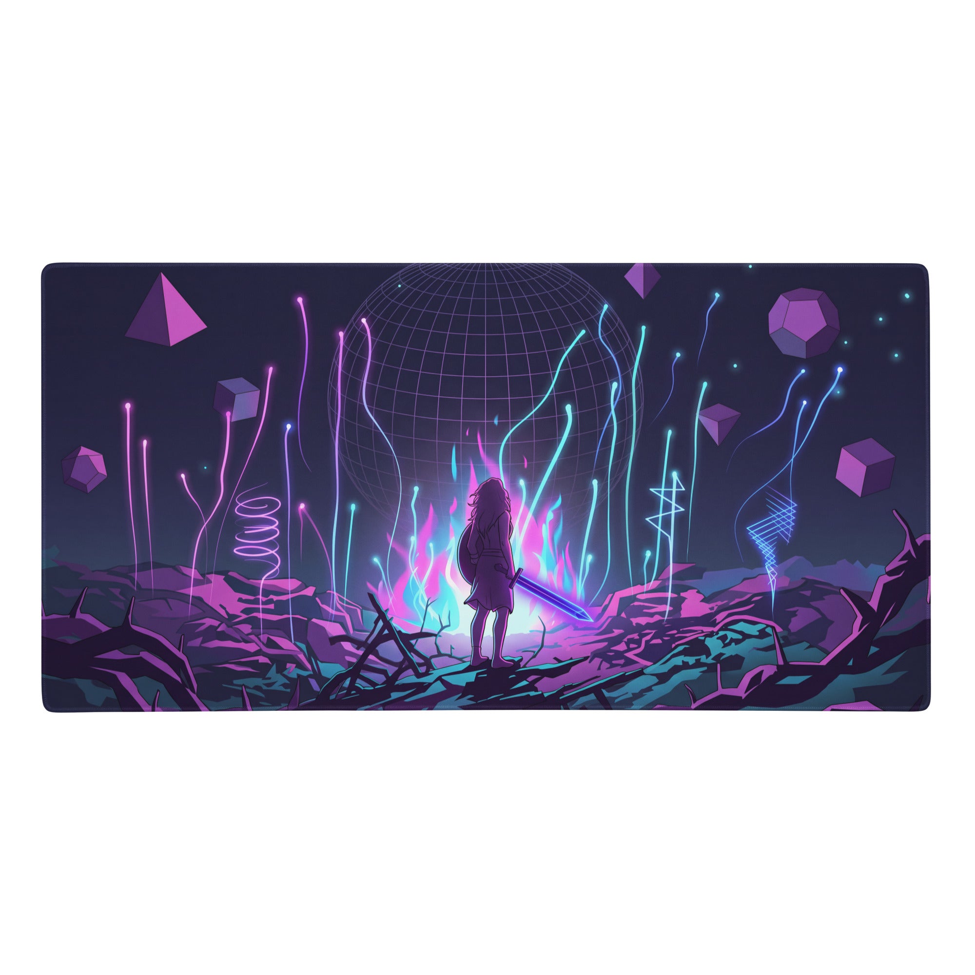 Neon vaporwave mouse pad with nebula-themed glowing digital landscape neon purple and cyan lights and sword figure