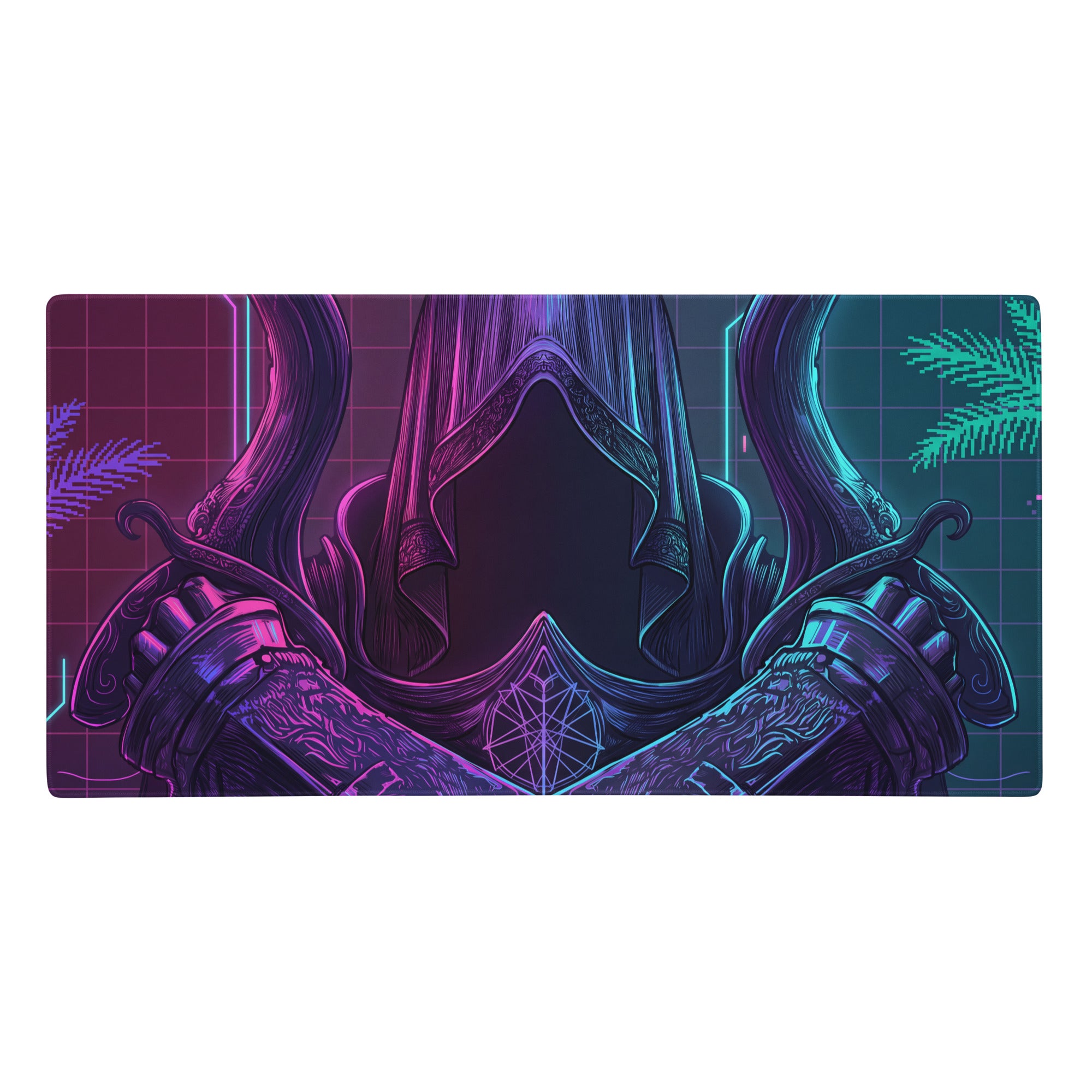 Vaporwave neon gaming mouse pad with neon pink and cyan hooded warrior design on a grid background for desktop setup