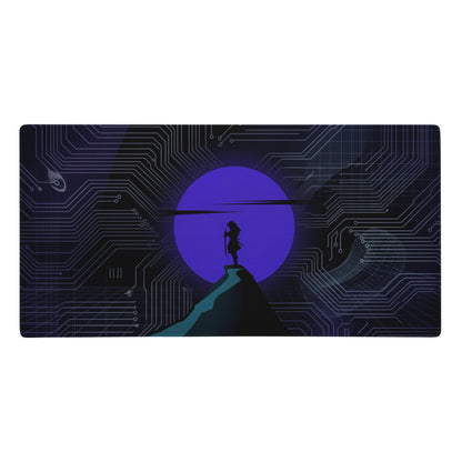 Rectangular vaporwave neon circuit gaming mat with dark blue board design and purple moon featuring silhouette figure