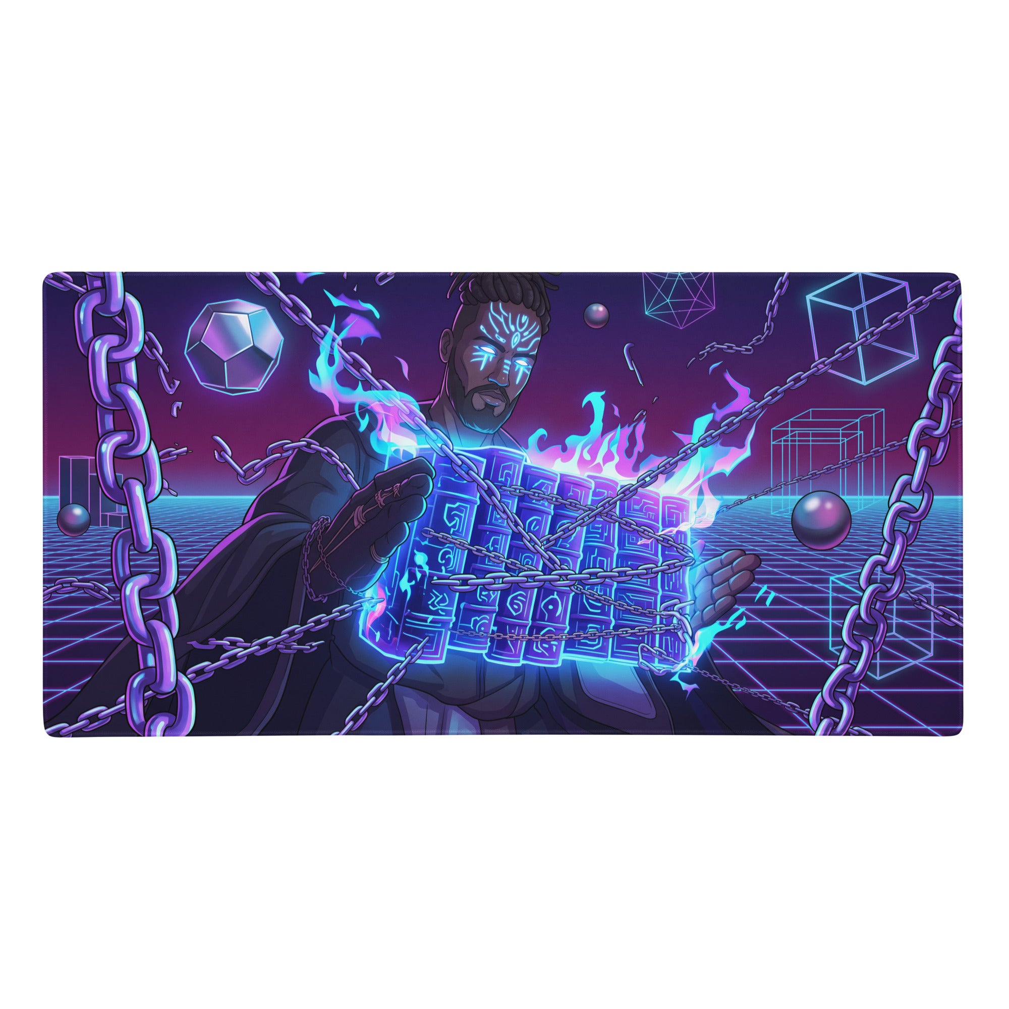 Neon vaporwave warrior gaming mouse pad in purple and blue featuring a stylized character with glowing cube and chains