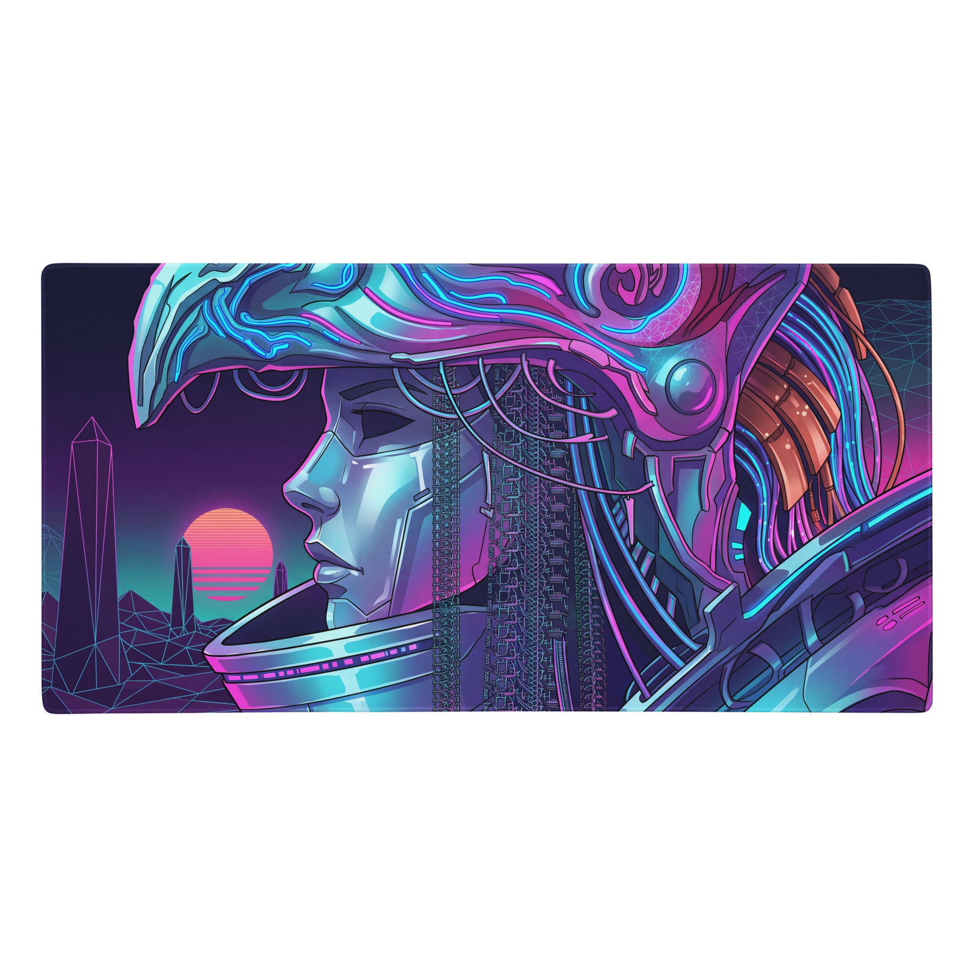 Neon vaporwave cyberpunk gaming mouse pad with stylized cybernetic woman in purple blue neon circuitry design