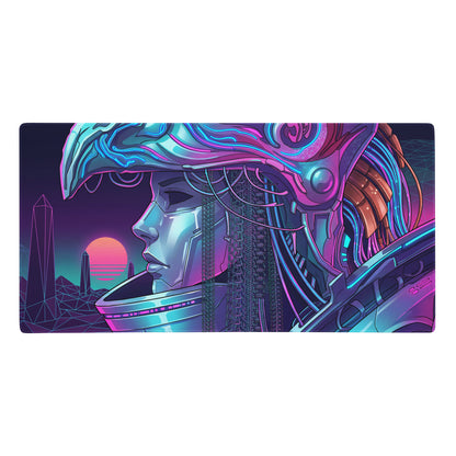 Neon vaporwave cyberpunk gaming mouse pad with stylized cybernetic woman in purple blue neon circuitry design