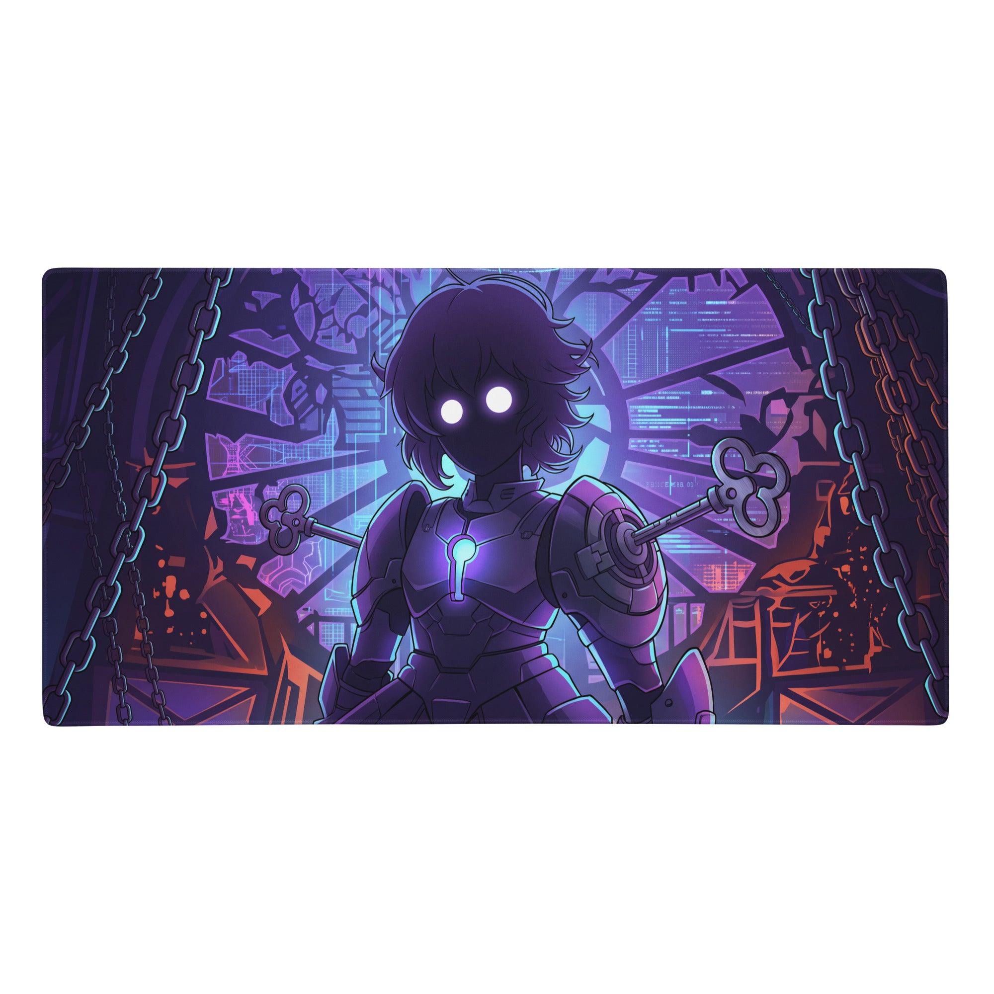 Purple and black vaporwave neon hero gaming mouse pad featuring a glowing armored character holding keys in cyberpunk style