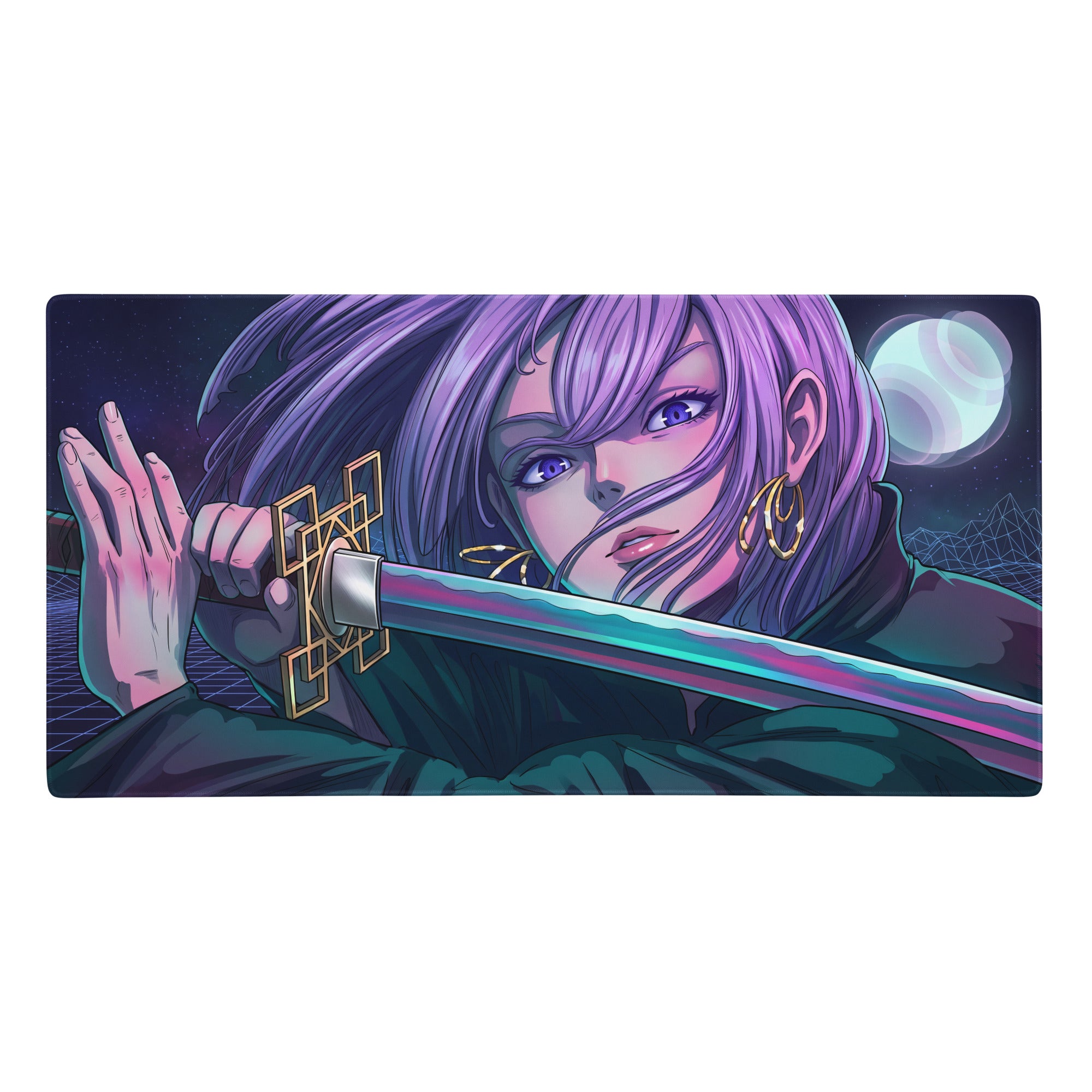 Purple-haired anime character holding sword with ornate golden hilt on vaporwave neon night mouse pad desk mat