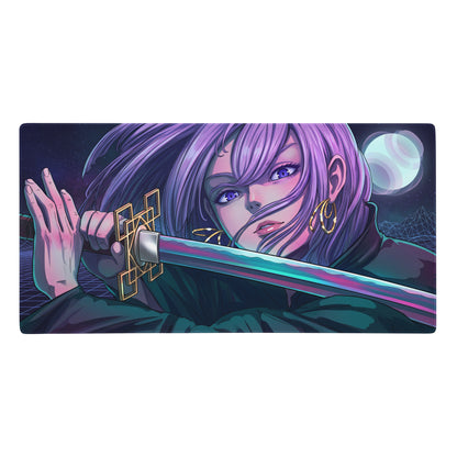 Purple-haired anime character holding sword with ornate golden hilt on vaporwave neon night mouse pad desk mat