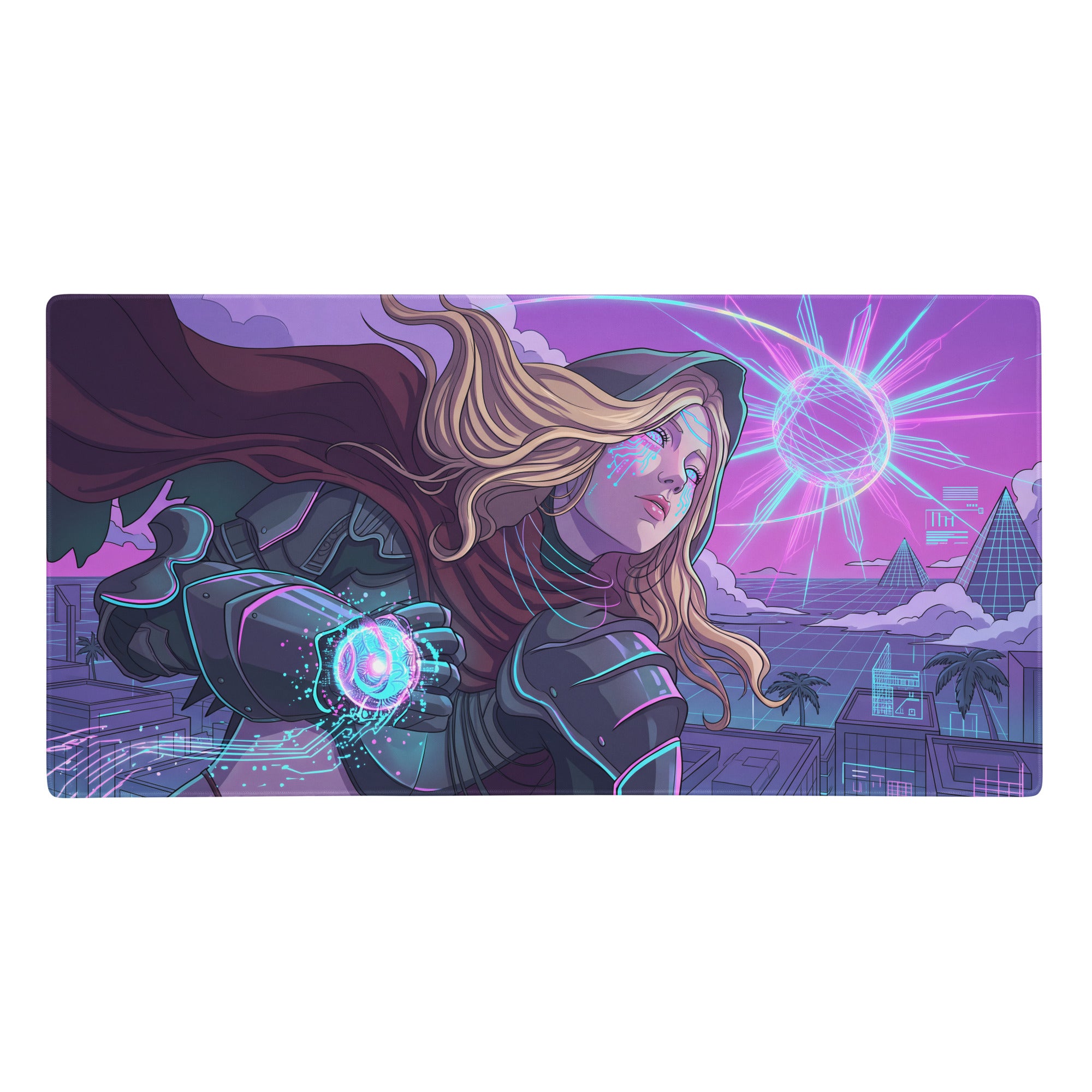 Neon vaporwave gaming mouse pad with a nebula theme featuring a cyberpunk heroine in purple pink glowing armor