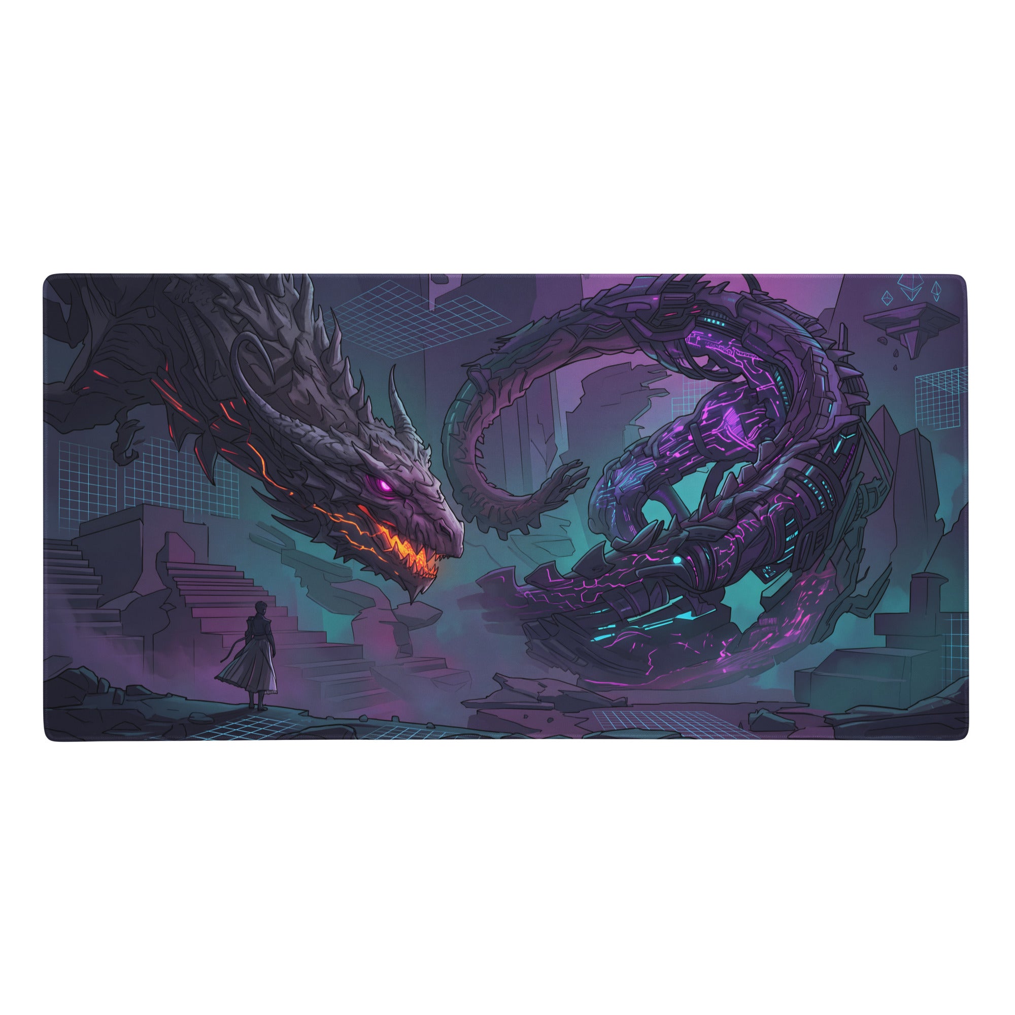Rectangular gaming mousepad with neon dragon illustration featuring organic fiery and cybernetic purple accents on futuristic ruins background