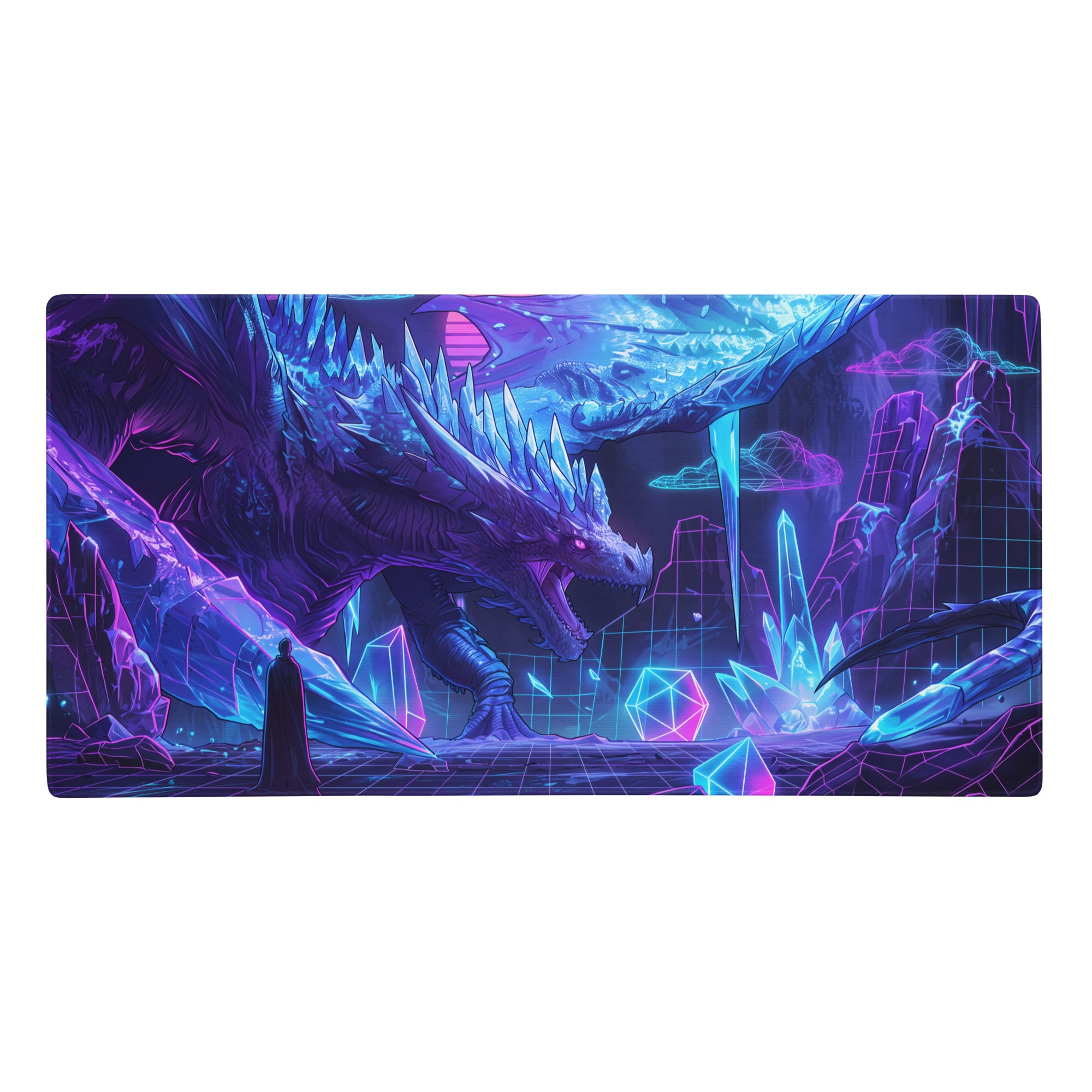 Neon dragon vaporwave mouse pad featuring a glowing purple and blue dragon with crystalline spikes on a retro grid background