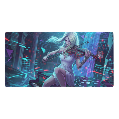 Nebula-themed vaporwave neon blue gaming mousepad with digital art of blonde woman in white dress playing violin