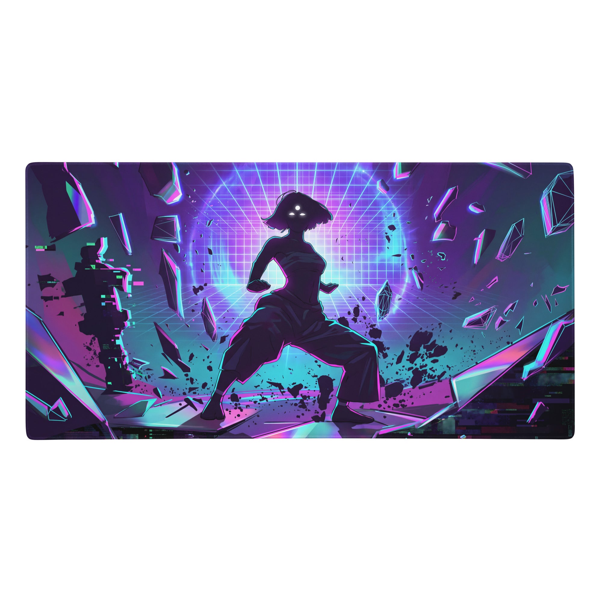 Neon vaporwave grid gaming mouse pad with nerdy purple and teal cyberpunk design featuring female combat figure and shattered glass